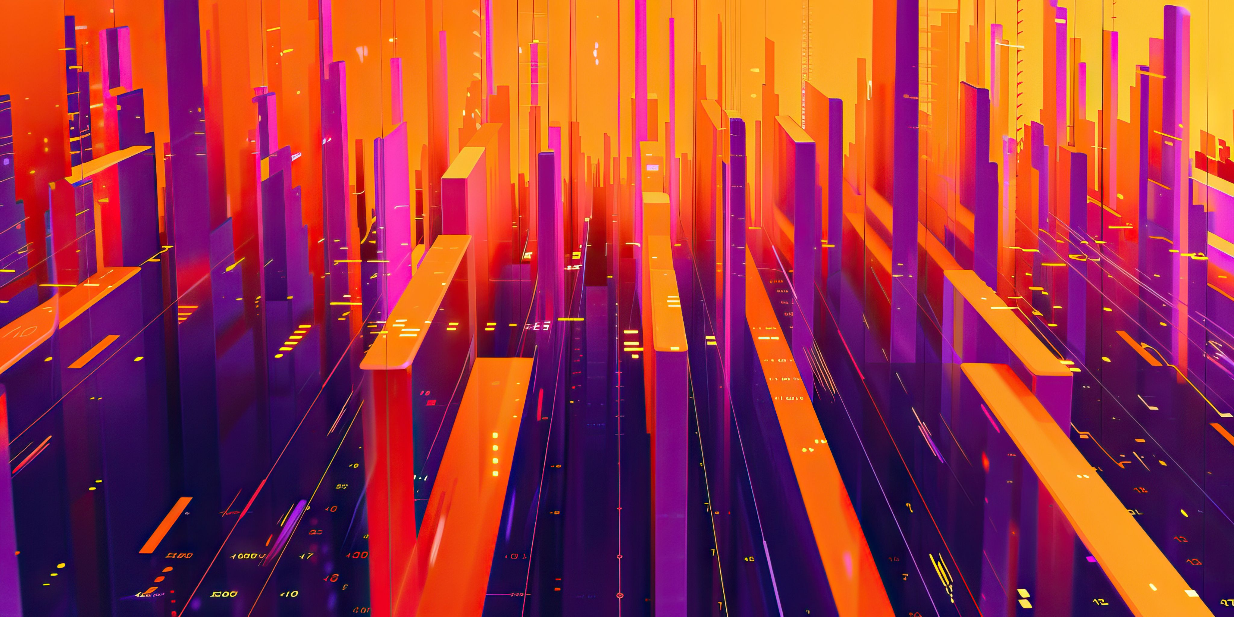 Abstract 3D cityscape with tall purple and orange rectangular buildings under an orange sky.