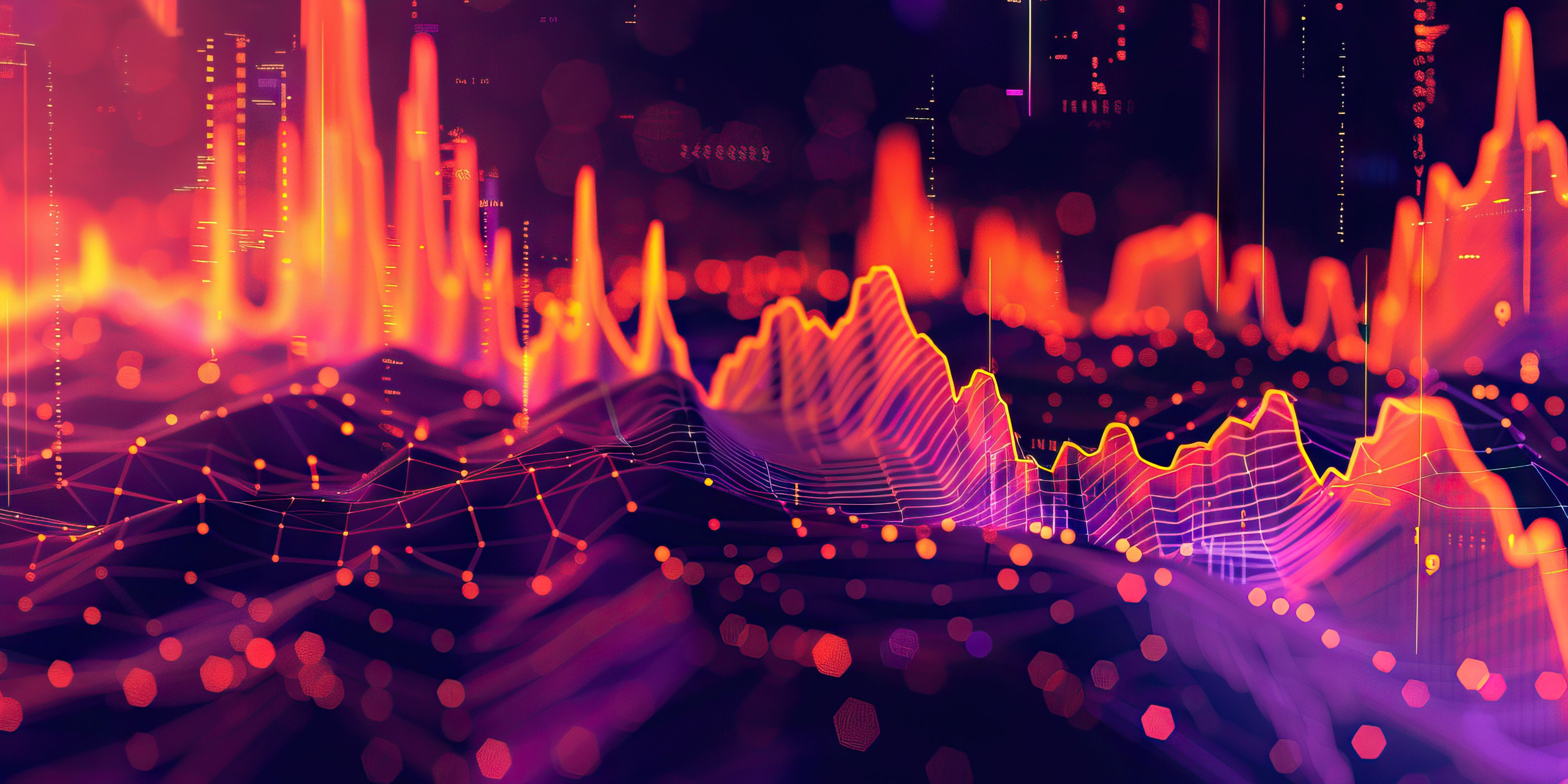 Colorful 3D digital data charts with glowing orange peaks and purple grid lines on dark background.