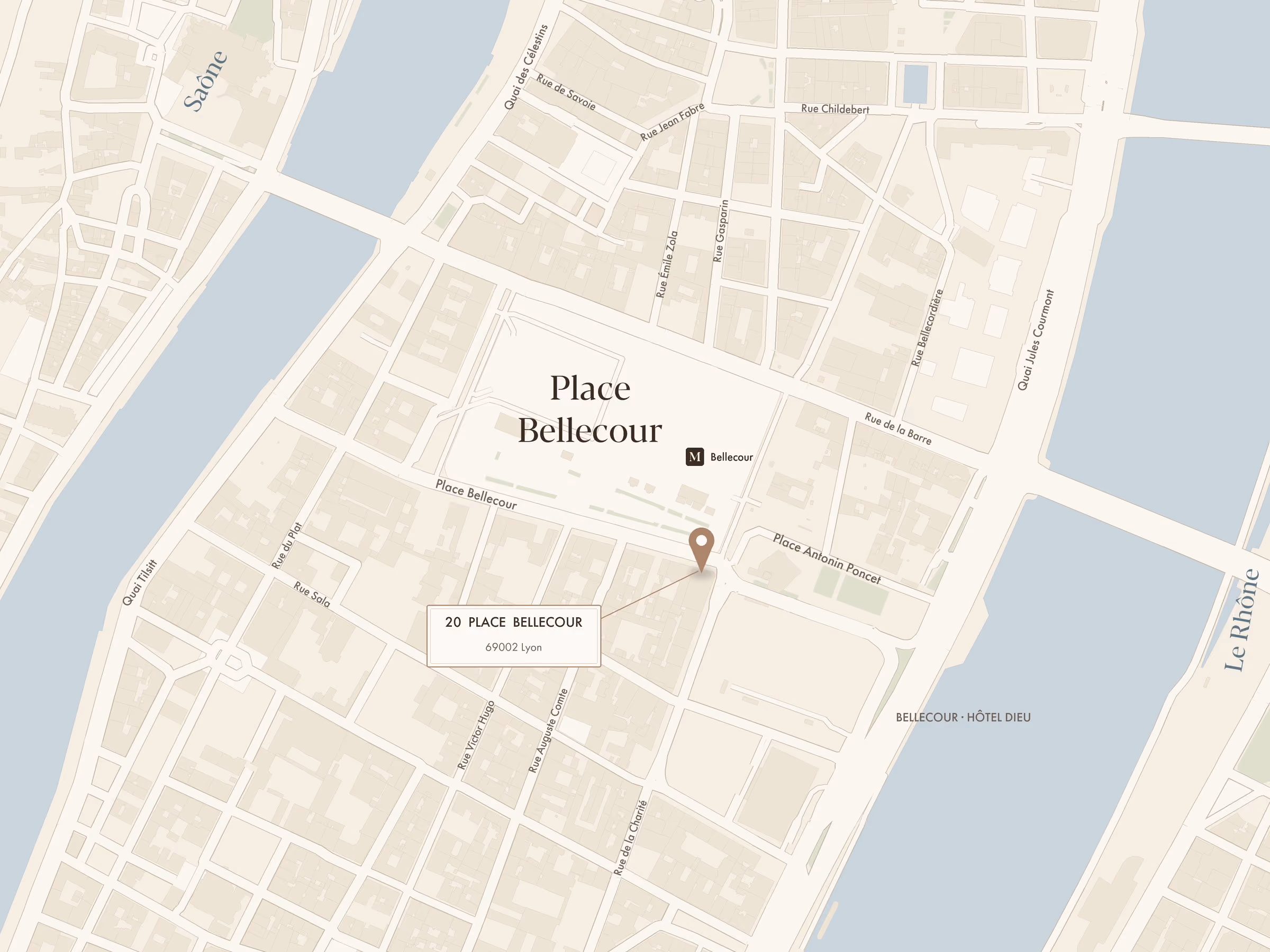 Plan de la place Bellecour — Pavyllon Lyon, 20 place Bellecour, 69002 Lyon, à l’angle de la rue de la Charité
