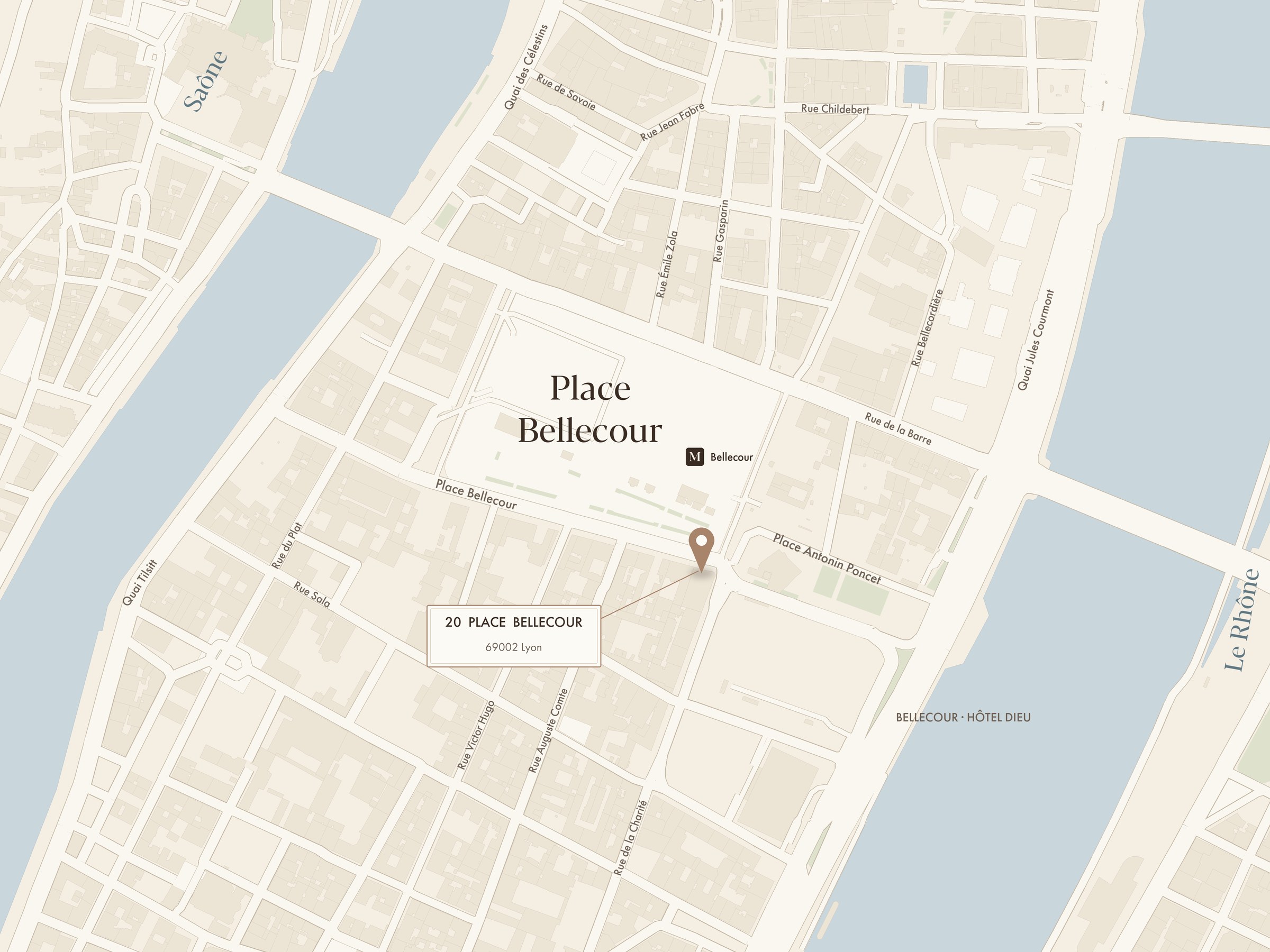 Plan de la place Bellecour — Pavyllon Lyon, 20 place Bellecour, 69002 Lyon, à l’angle de la rue de la Charité