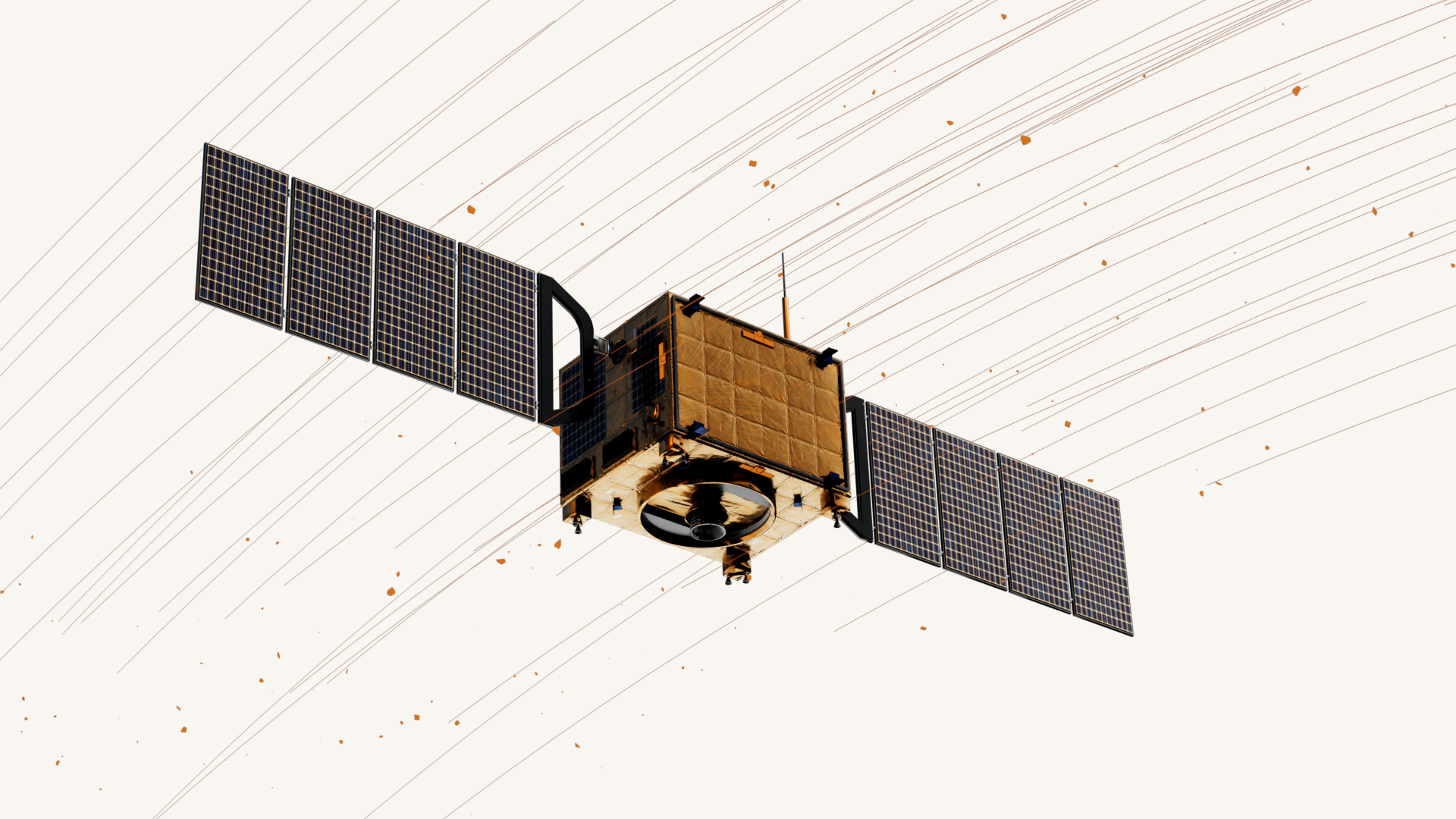 CubeSat satellite with extended solar panels orbiting in space with line trails and floating debris.