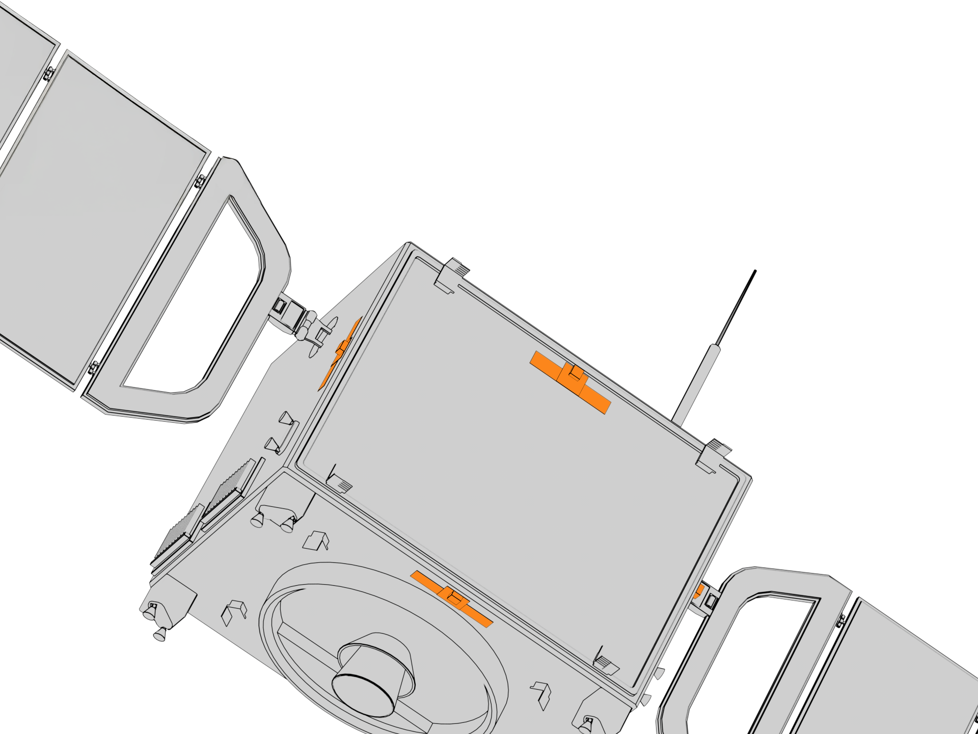 Illustration of a satellite with solar panel wings and a large dish antenna on one side.