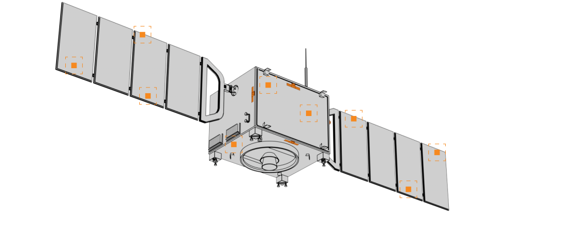 Illustration of a satellite with solar panels extended on both sides and antenna on top.