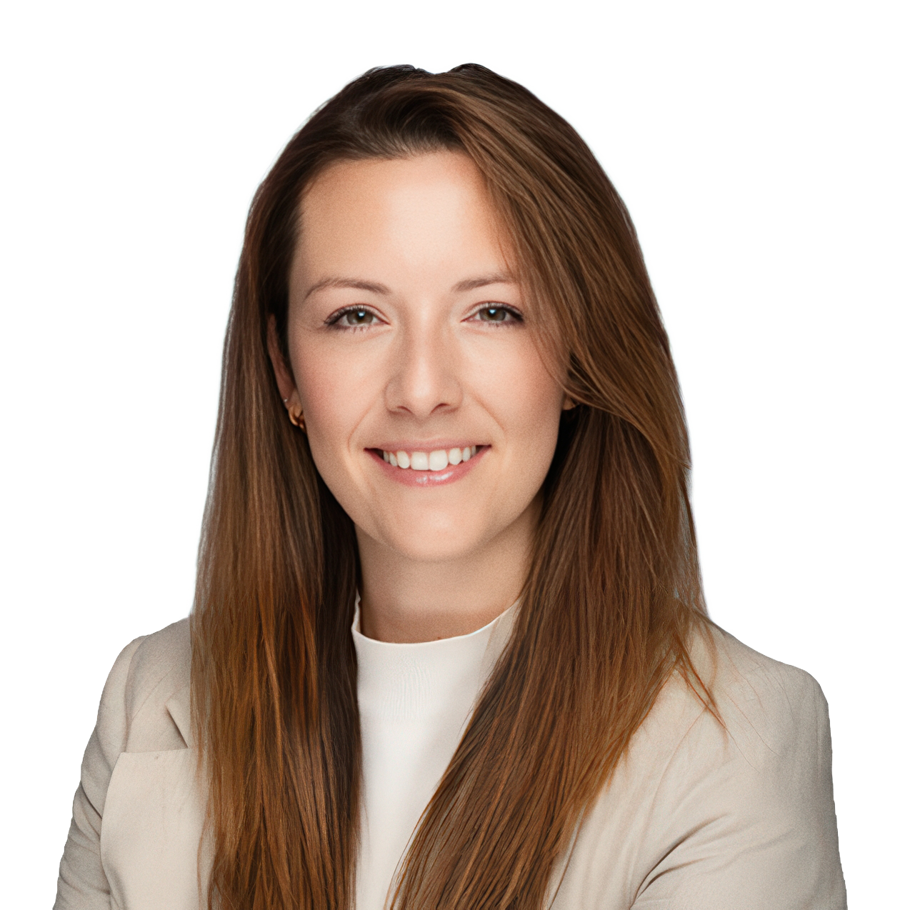 Smiling woman with long light brown hair wearing a beige blazer and white top on white background.
