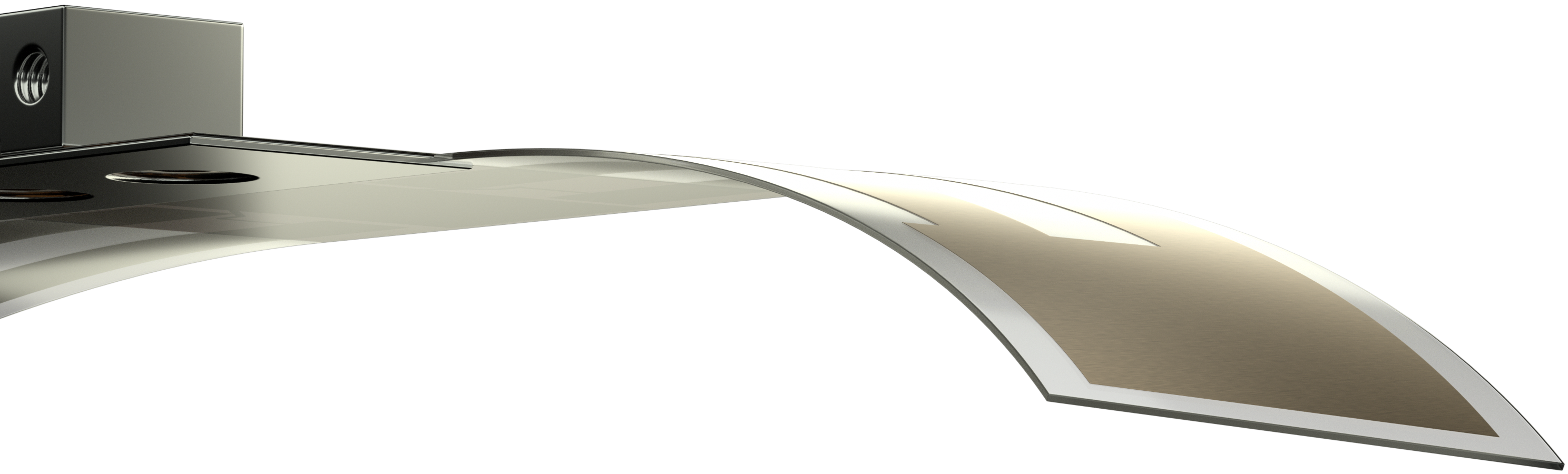 Curved metallic blade with a mounting block on one end and a sharp edge on the other.