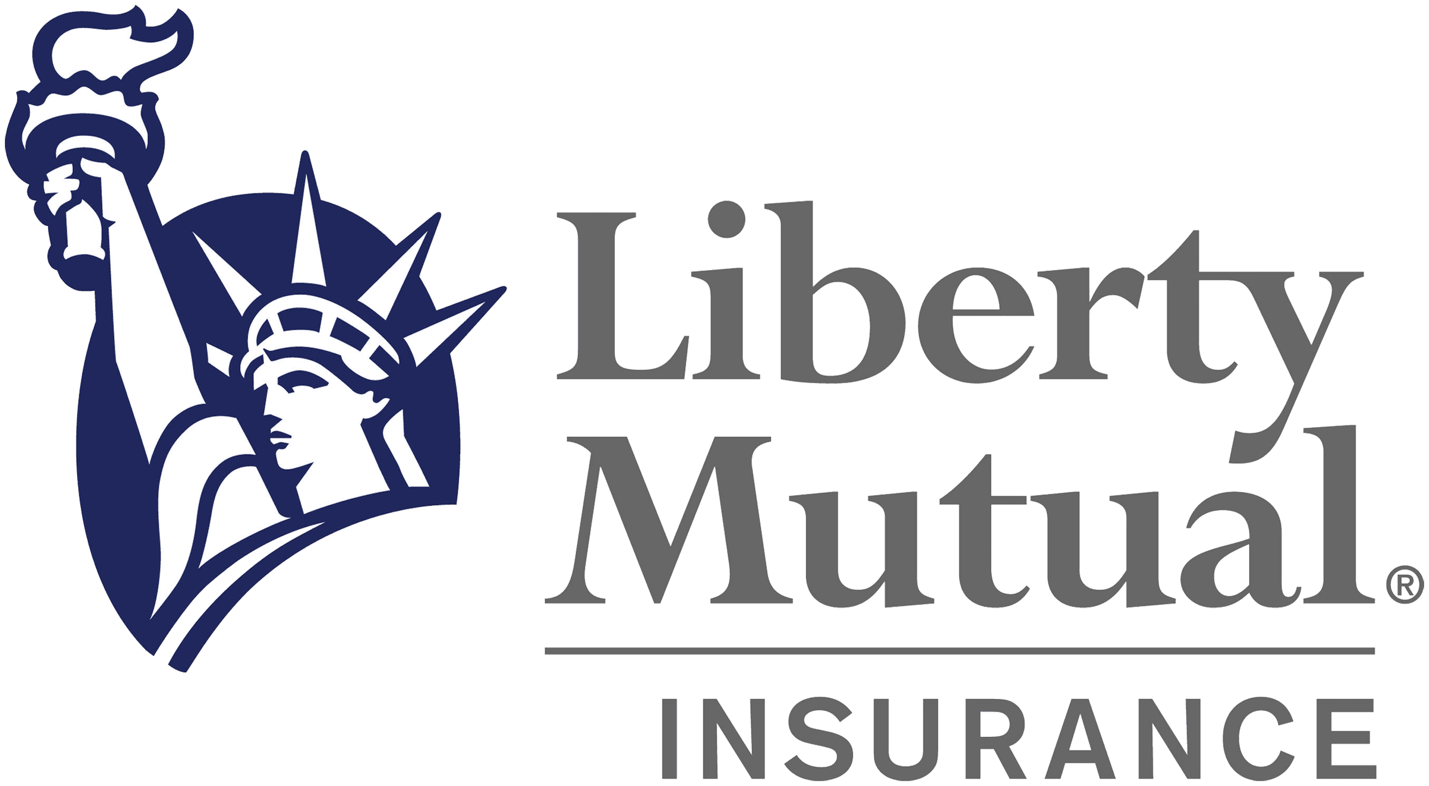 Liberty Mutual Insurance logo featuring a stylized blue outline of the Statue of Liberty holding a torch next to the words 'Liberty Mutual' in gray serif font with 'INSURANCE' in capital letters below.