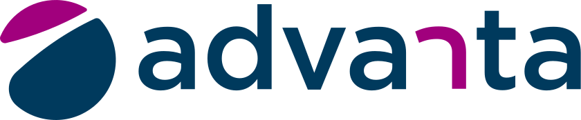 Advanta logo with a stylized circular icon composed of a dark blue shape and a magenta curved segment, followed by the word 'advanta' in dark blue lowercase letters with the letter 'n' in magenta.