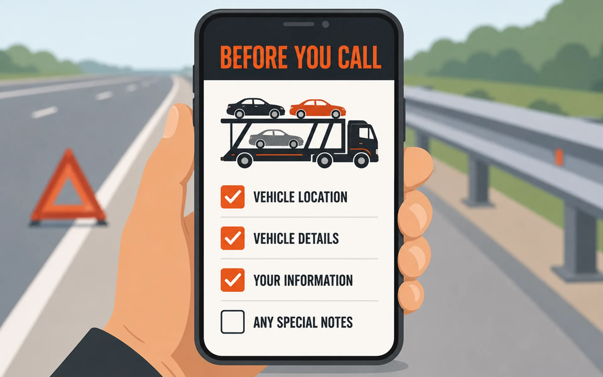 A hand holding a smartphone displaying a "Before You Call" towing checklist on a highway shoulder, with a warning triangle in