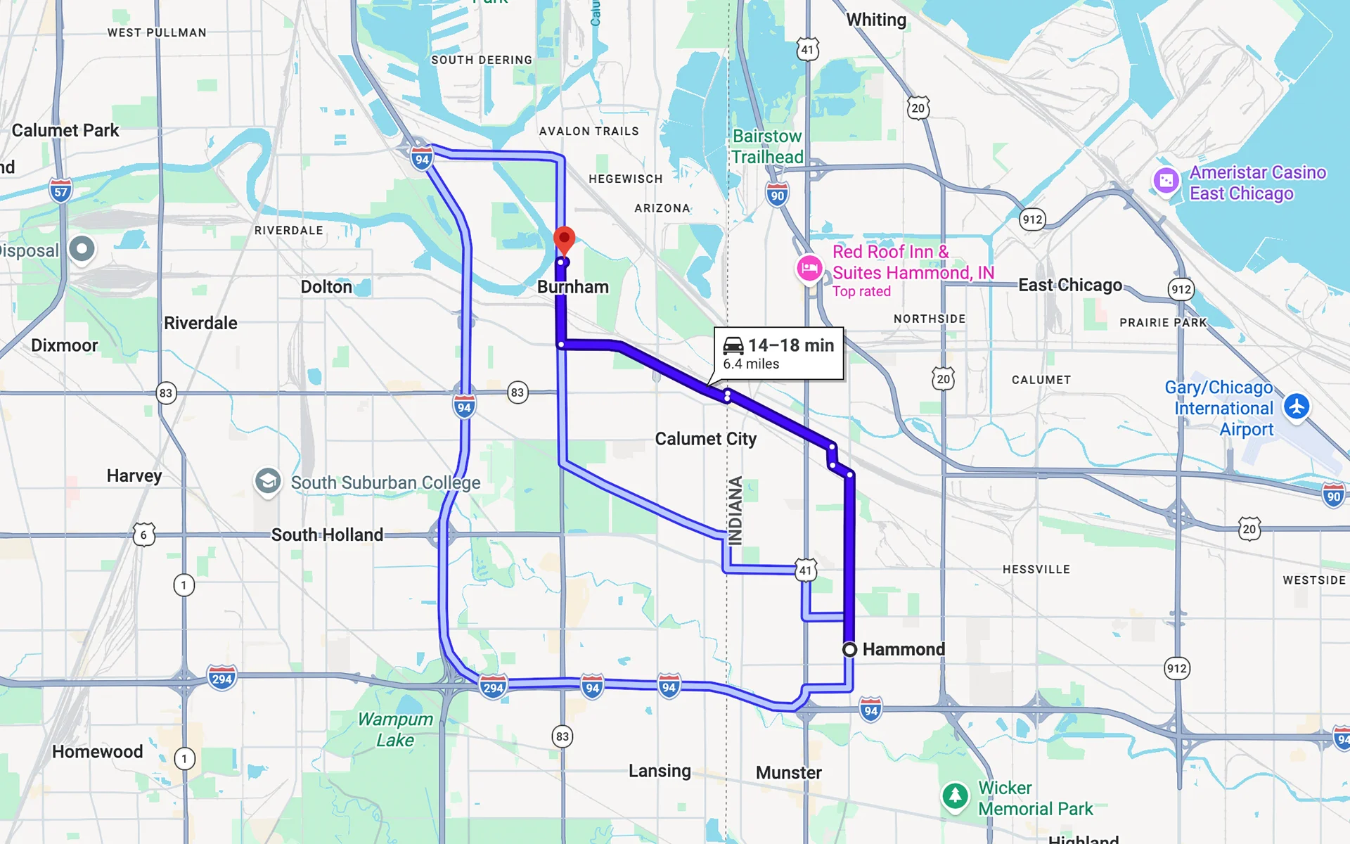 Map with the route from Hammond, IN to Fleet Service Center.