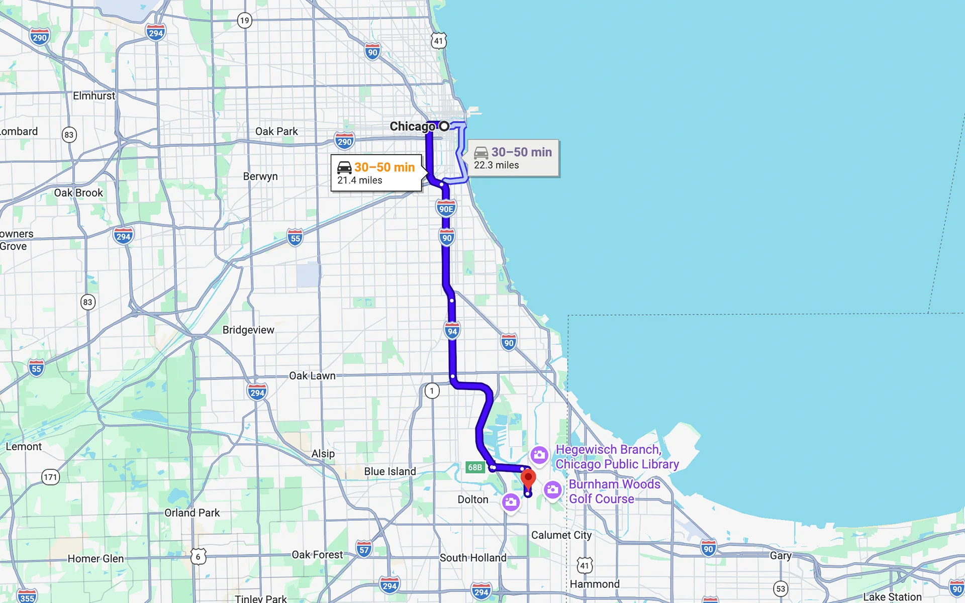 A map showing the route from Chicago, IL to Fleet Service Center