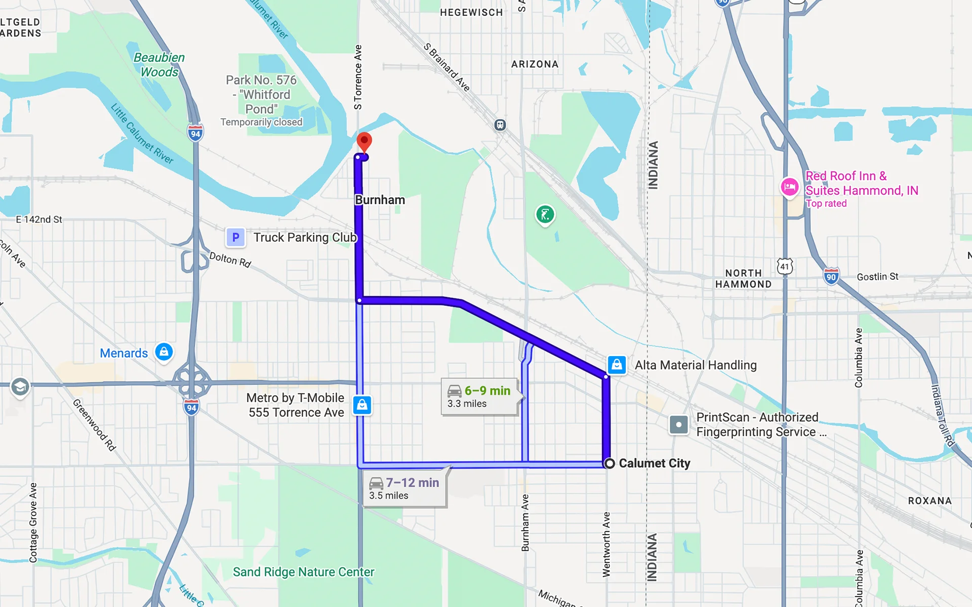 A map showing the route from Calumet City to Fleet Service Center