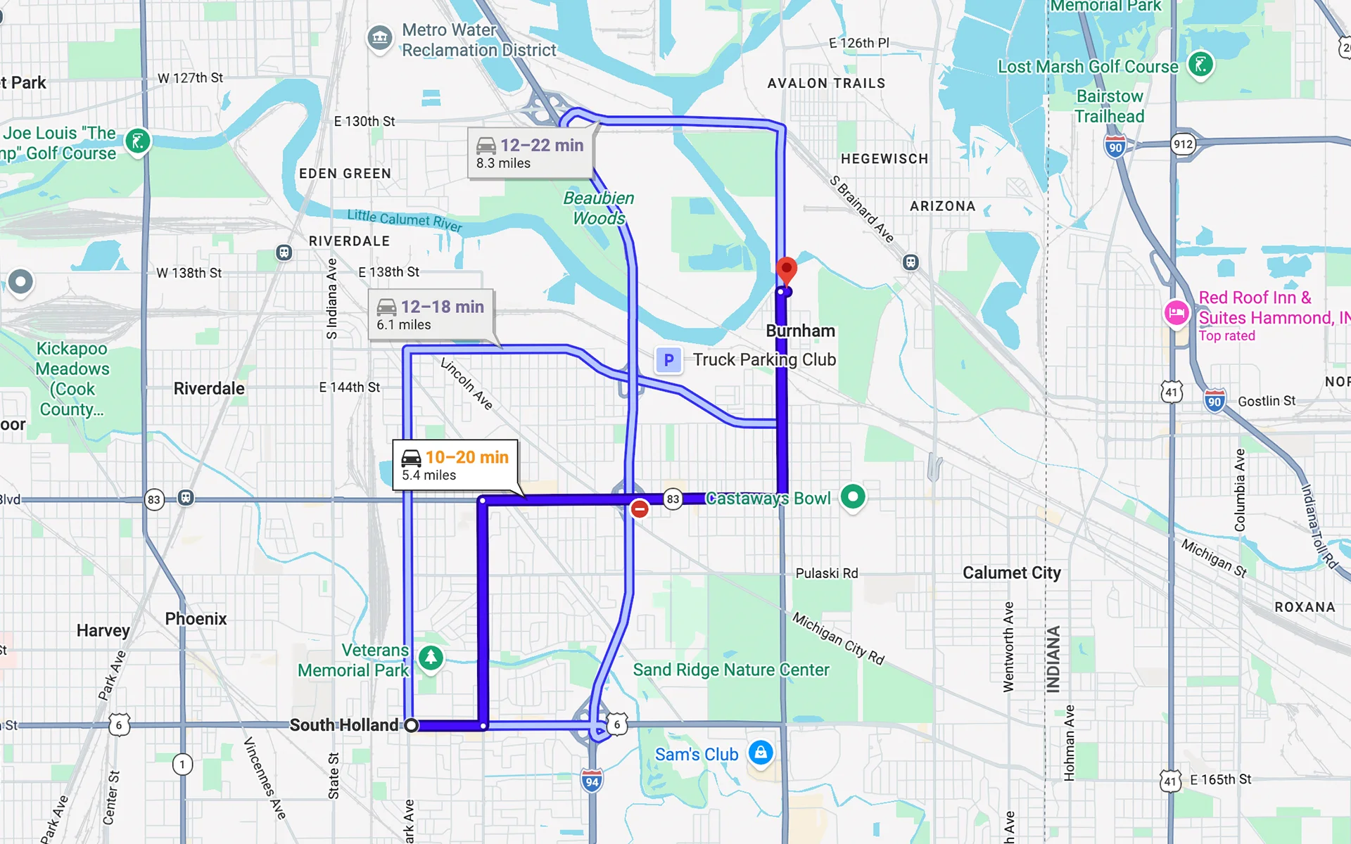 Map with the route from South Holland, IL to Fleet Service Center