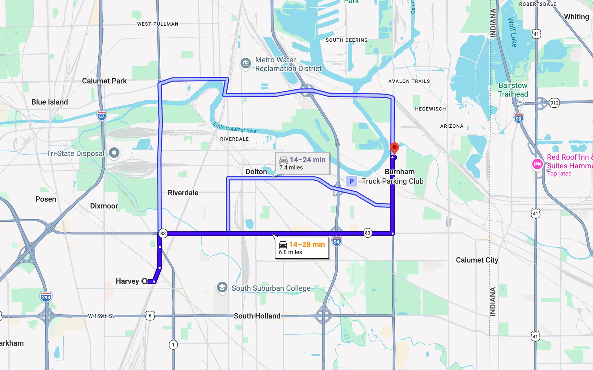 Image of a map showing the route from Harvey, IL to Fleet Service Center.