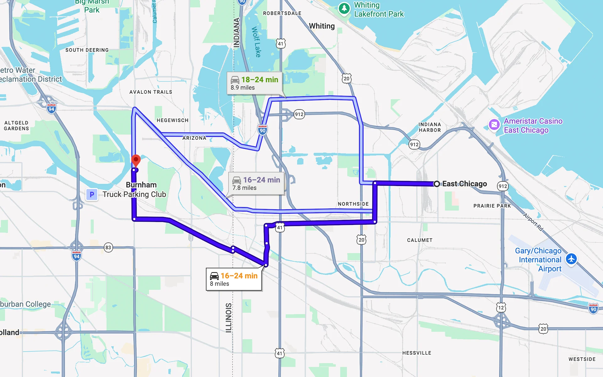 Image of the map showing the route from East Chicago, IN to Fleet Service Center