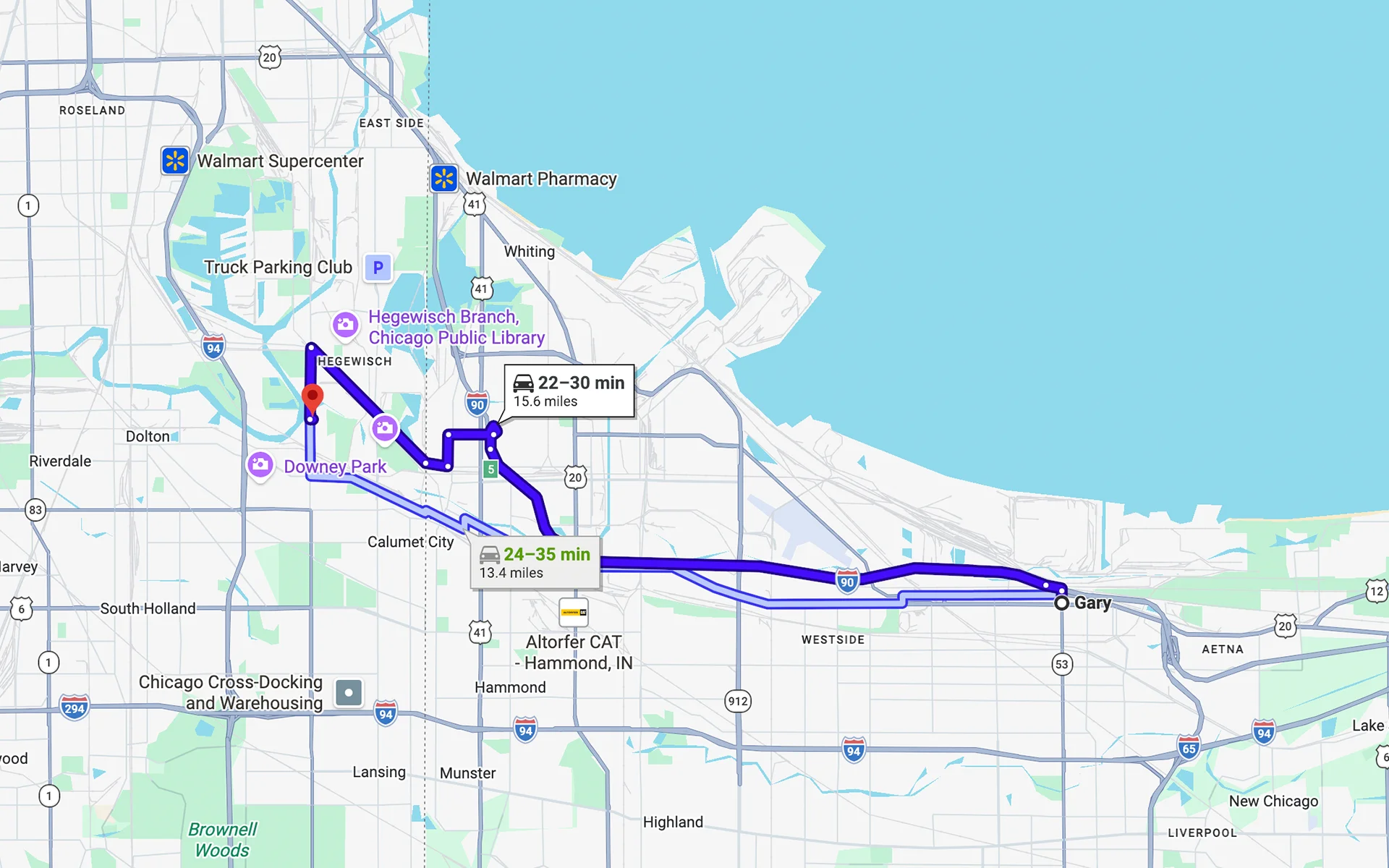 Image of a map showing the route from Gary, IN to Fleet Service Center