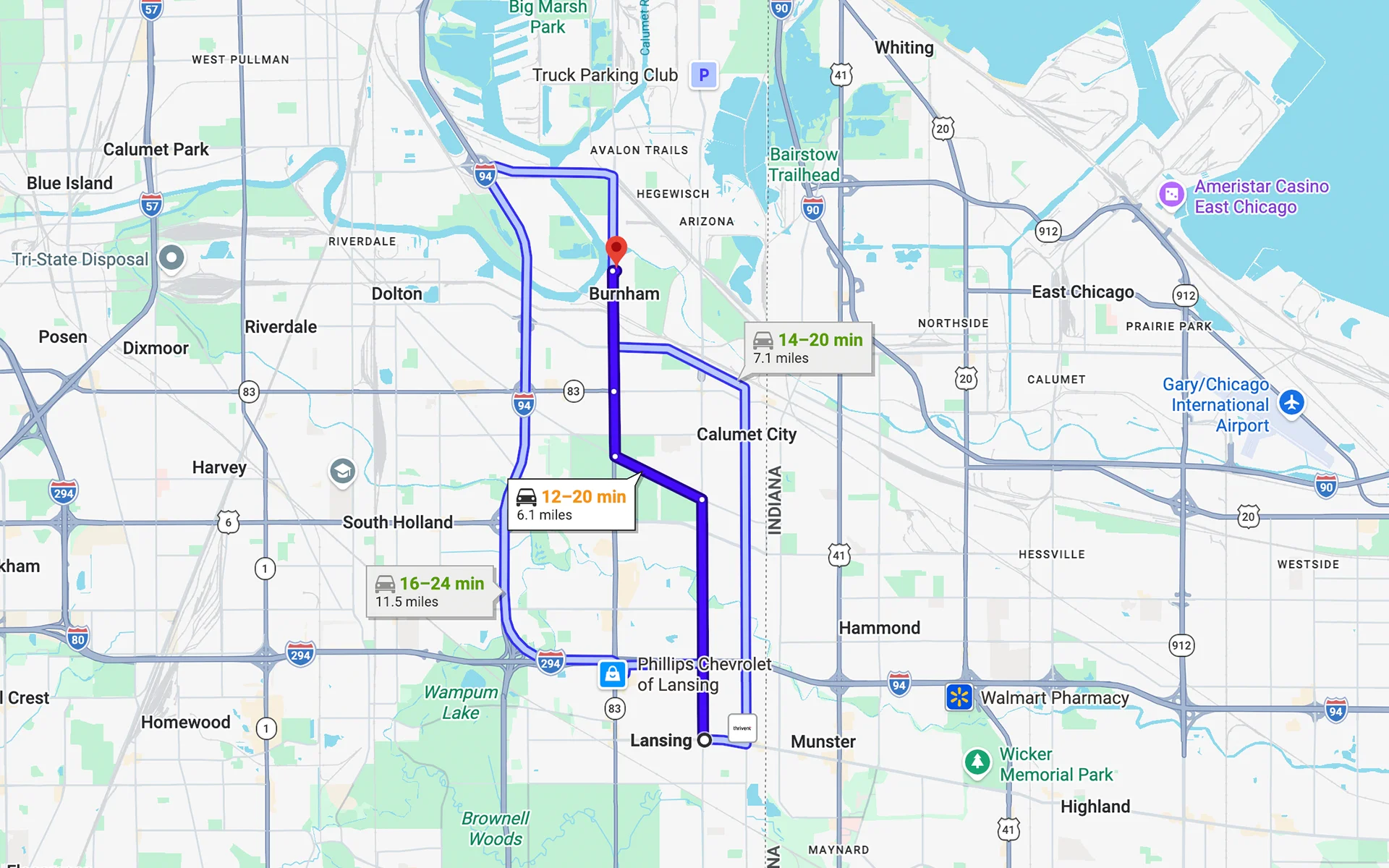 Image of a map showing the route from Lansing, IL to Fleet Service Center