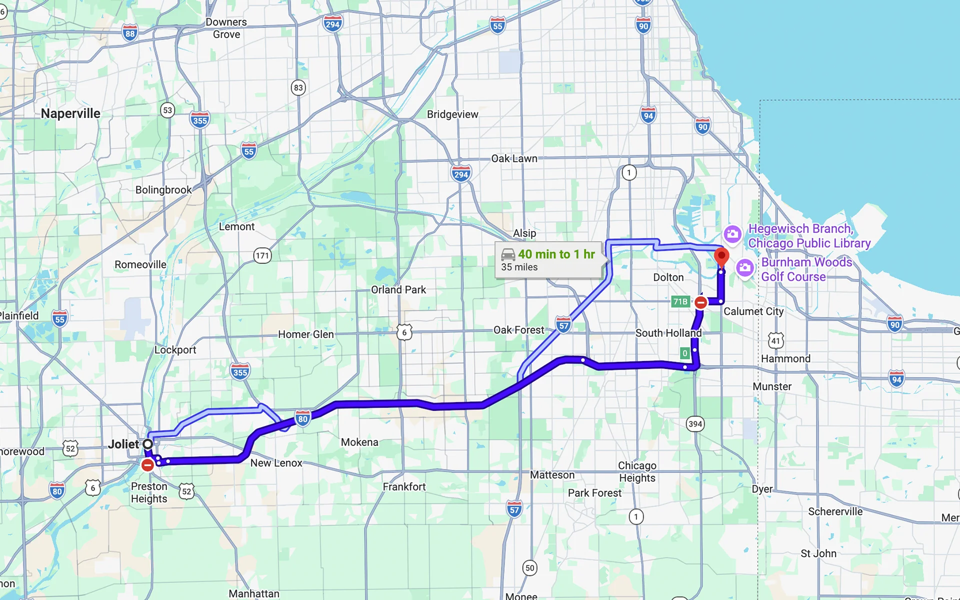 Image of a map showing the route from Joliet, IL to Fleet Service Center