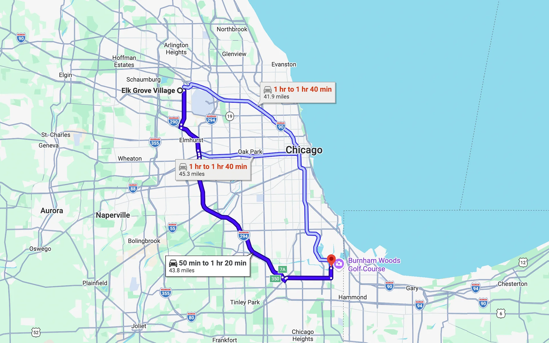 Image of a map showing the route from Elk Grove Village, IL to Fleet Service Center