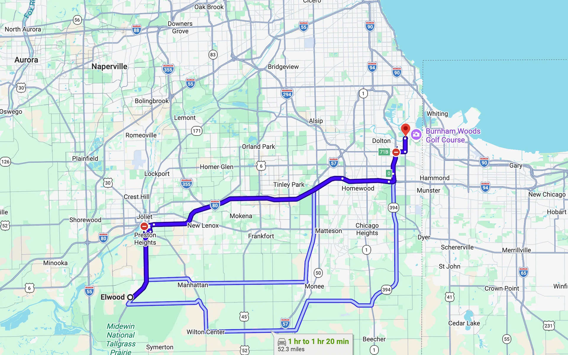 Imagen que muestra la ruta desde Elwood, IL hasta Fleet Service Center
