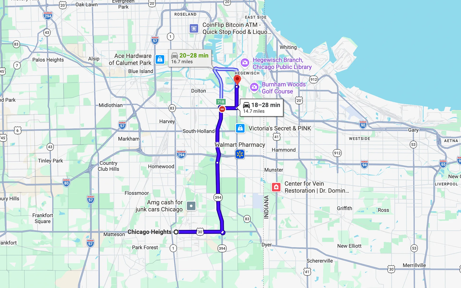 Image of a map showing the route from Chicago Height, IL to Fleet Service Center