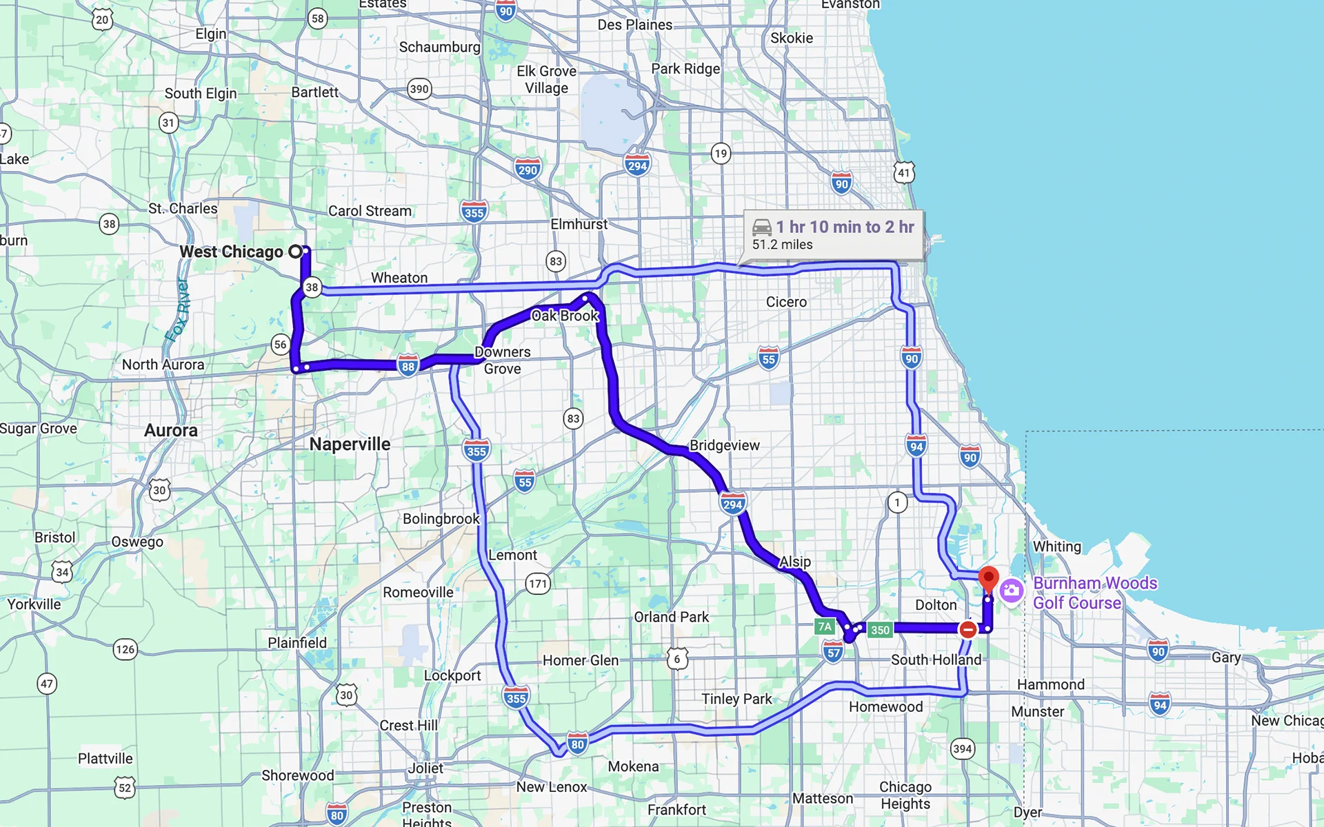 Image of a map showing the route from West Chicago, IL to Fleet Service Center