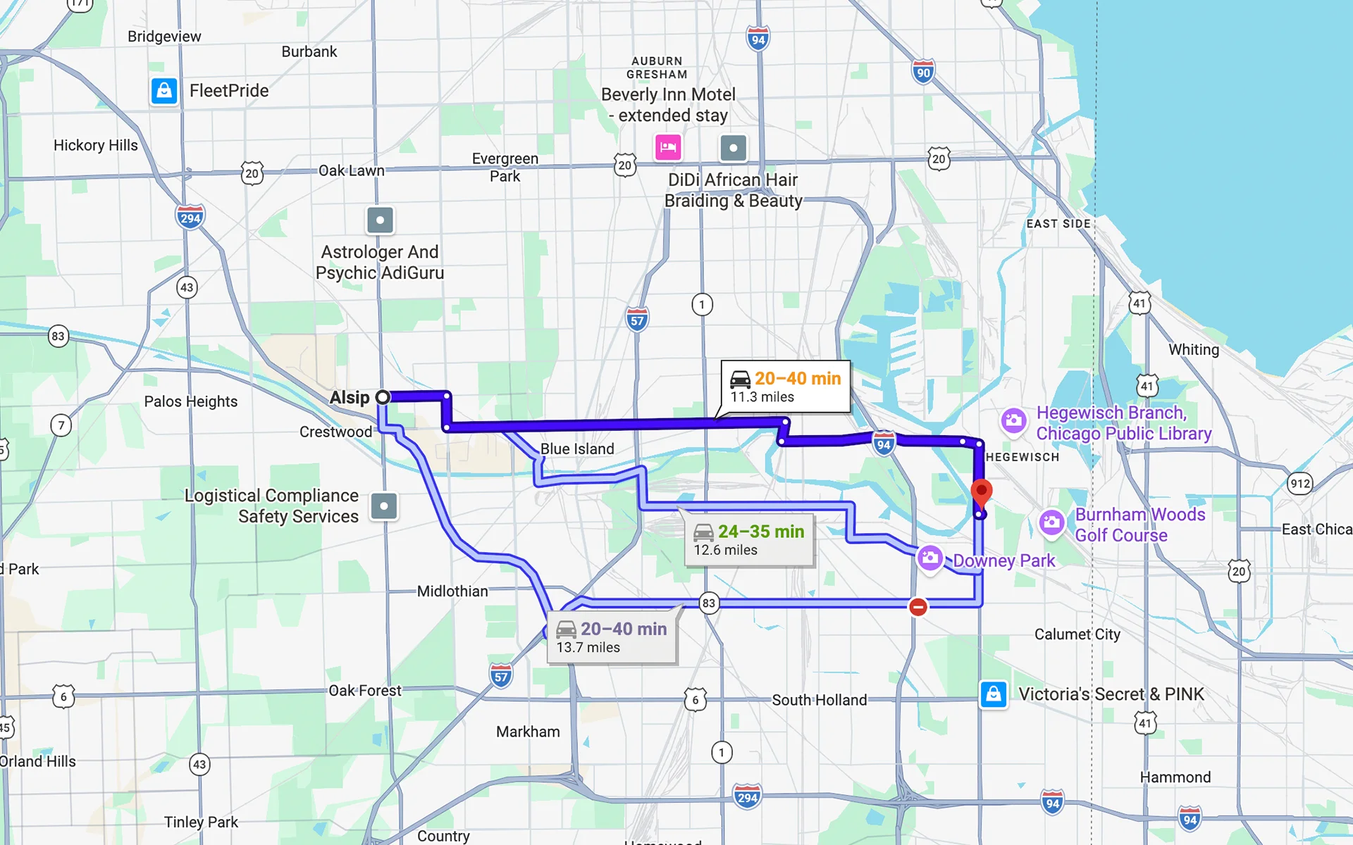 Image showing the map with the route from Alsip, IL to Fleet Service Center