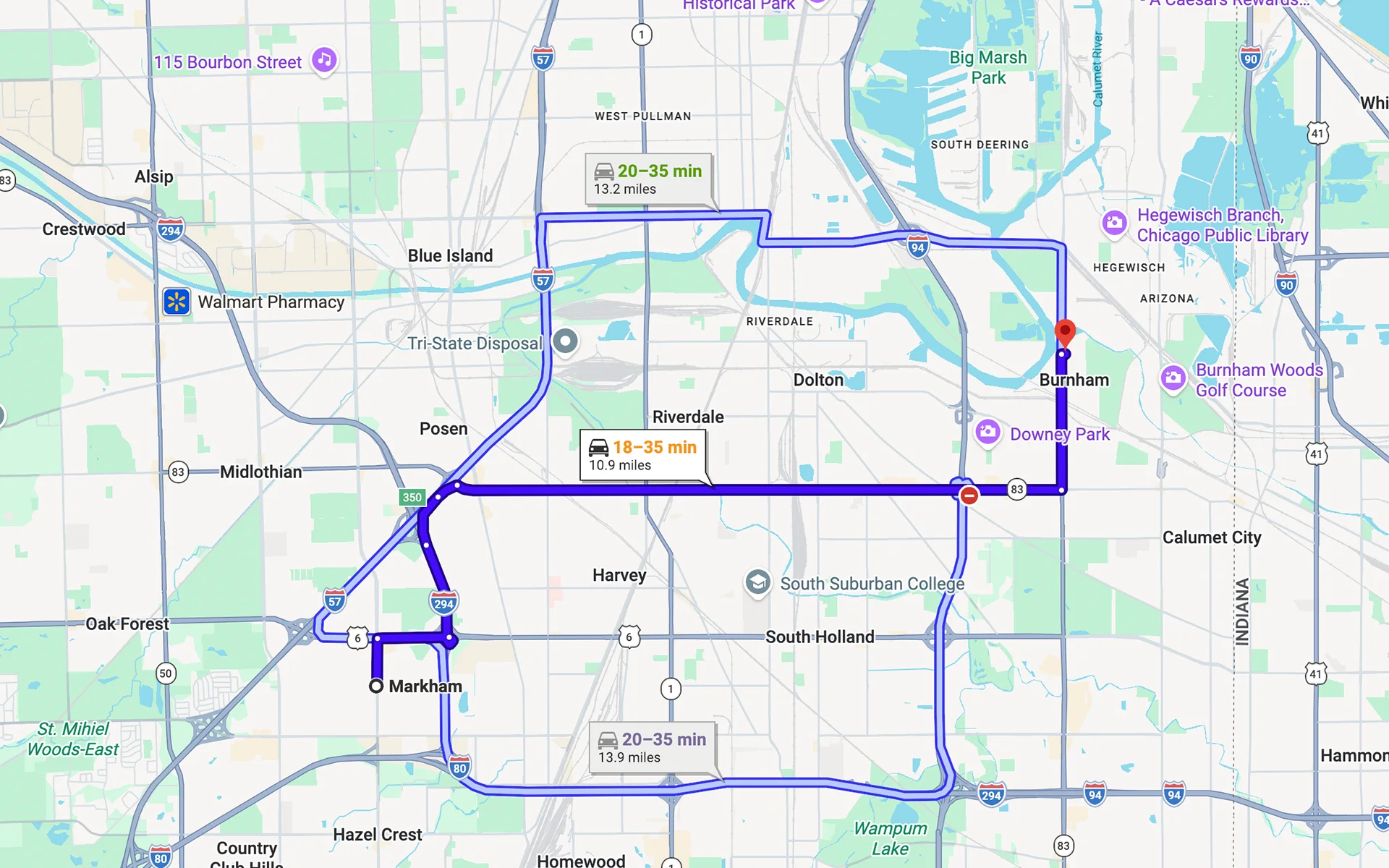 Image of a map showing the route from Markham, IL to Fleet Service Center