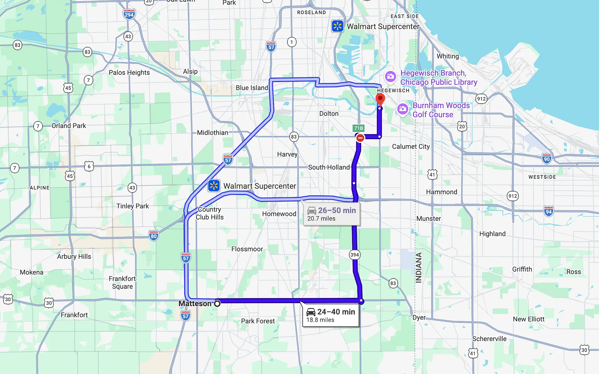 Image of a map showing the route from Matteson IL, to Fleet Service Center