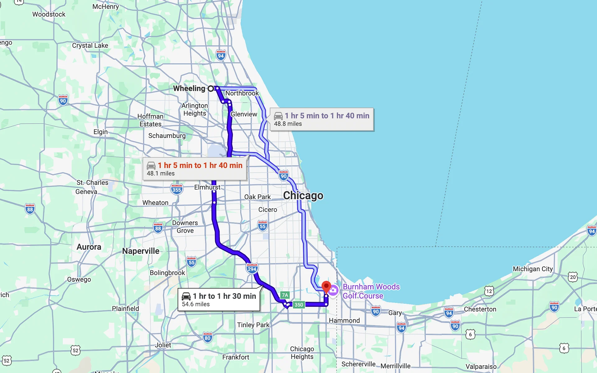Image of a map showing the route from Wheeling, IL to Fleet Service Center