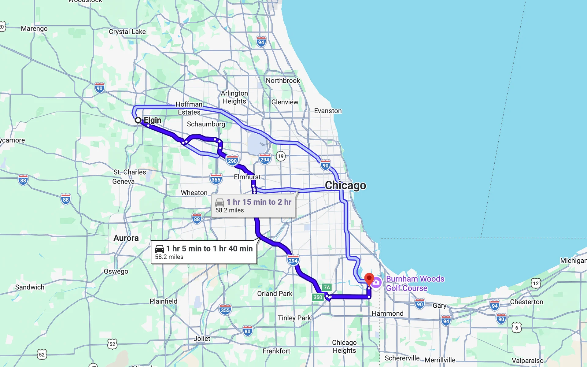 Image of a map showing the route from Elgin, IL to Fleet Service Center