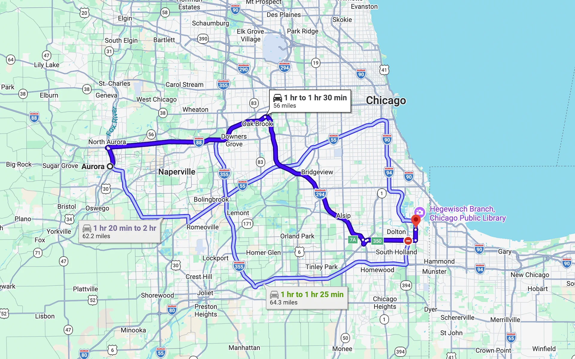 Image showing a map with the route from Aurora, IL to Fleet Service Center