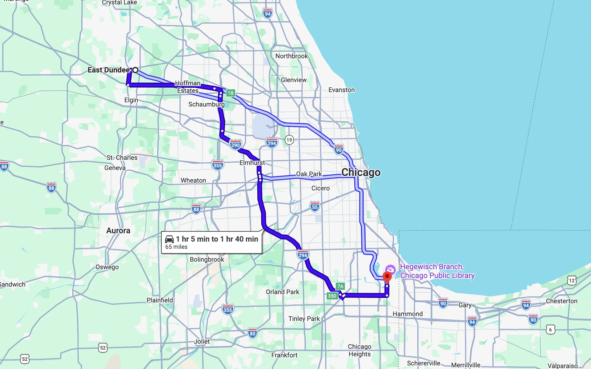 Image of a map showing the route from East Dundee, IL to Fleet Service Center