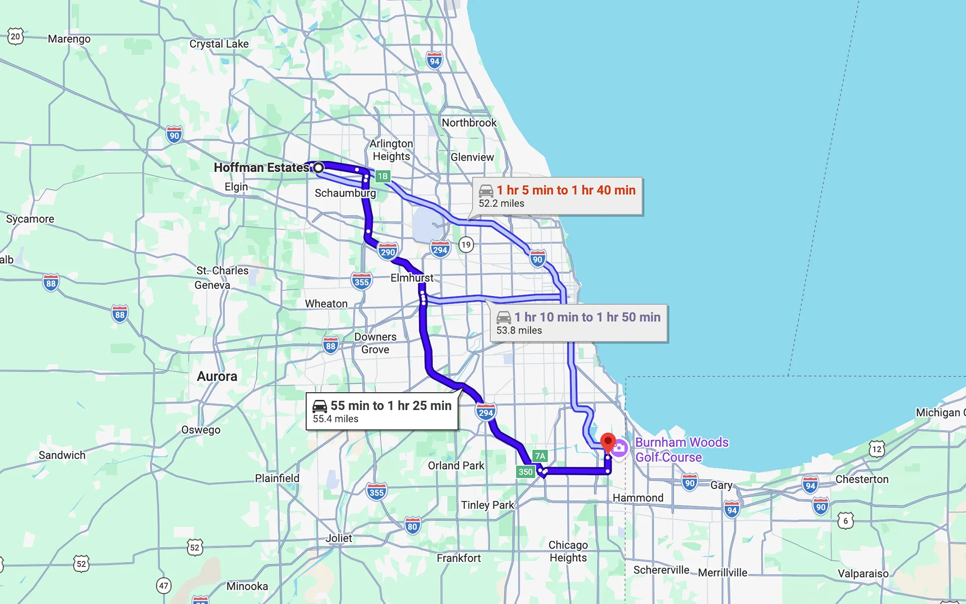 Image of a map showing the route from Hoffman Estates, IL to Fleet Service Center