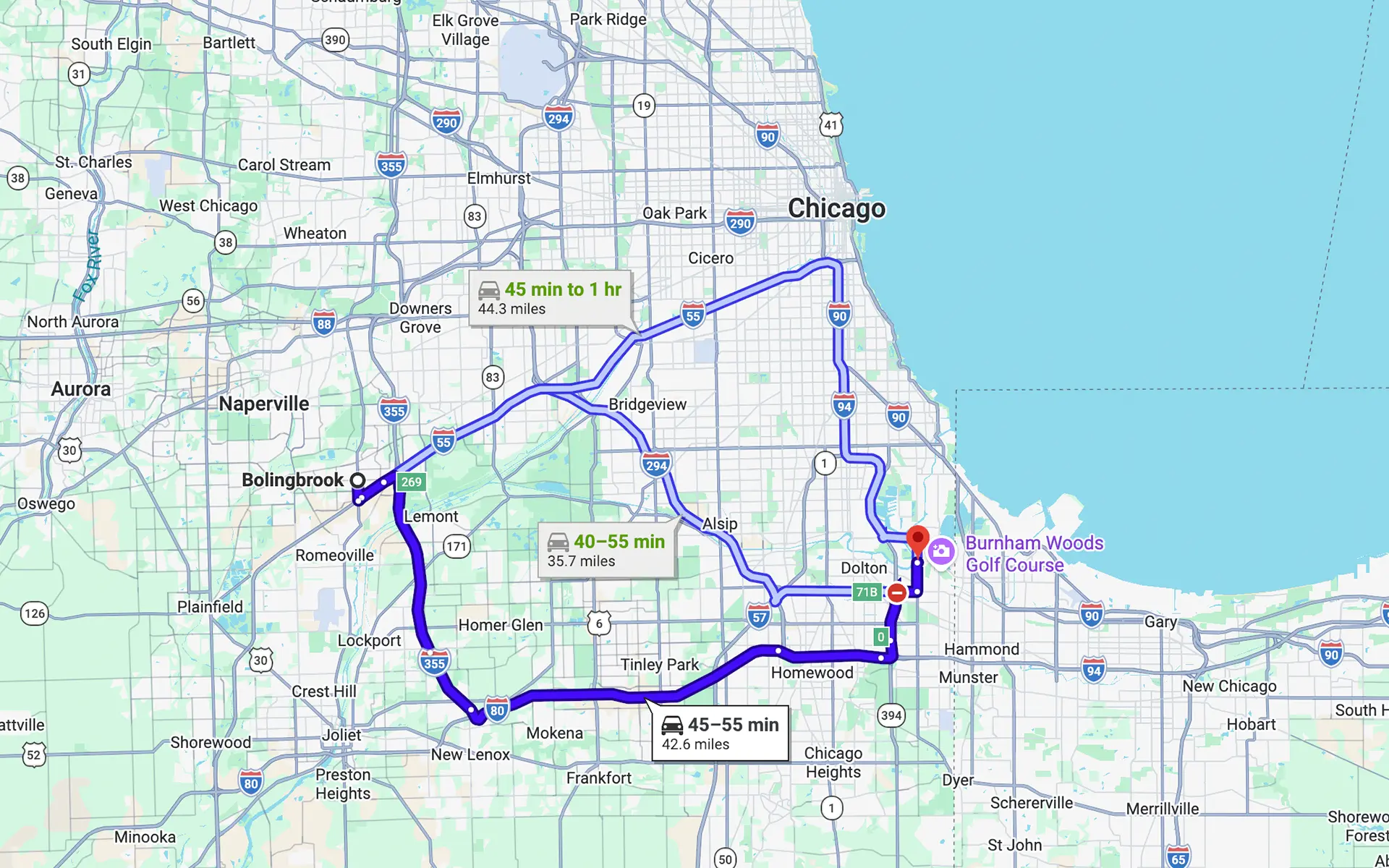 Image of a map showing the route from Bolingbrook, IL to Fleet Service Center