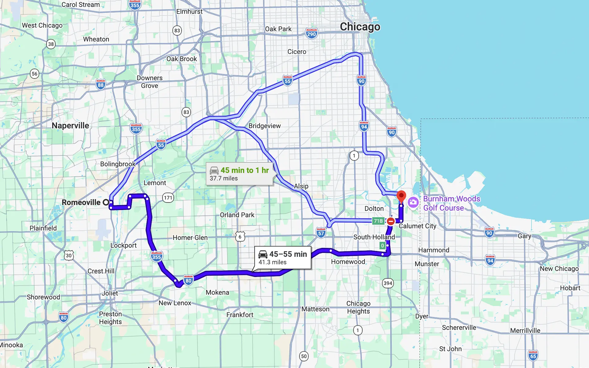 Image of a map showing the route from Romeoville, IL to Fleet Service Center