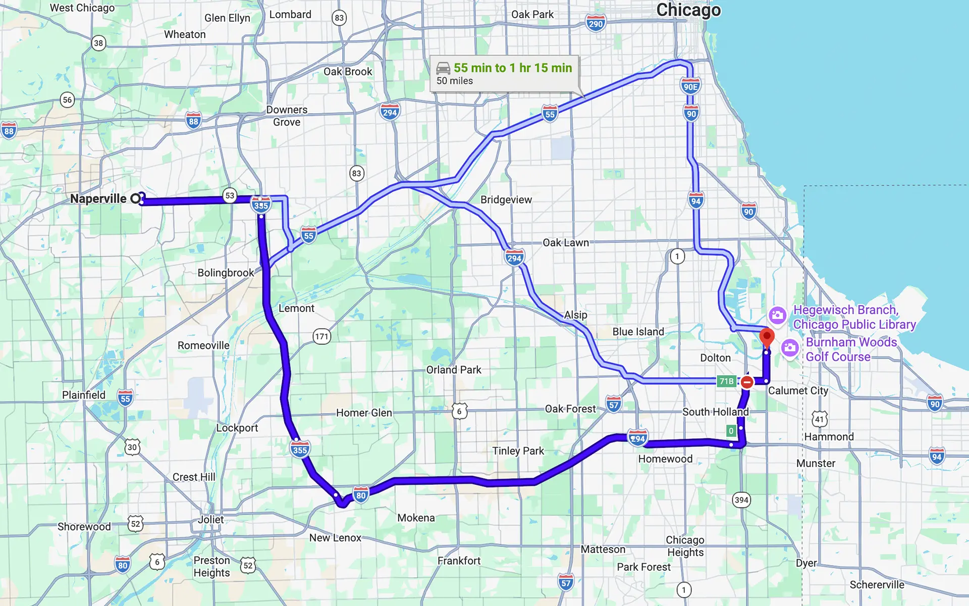 Image of a map showing the route from Naperville, IL to Fleet Service Center