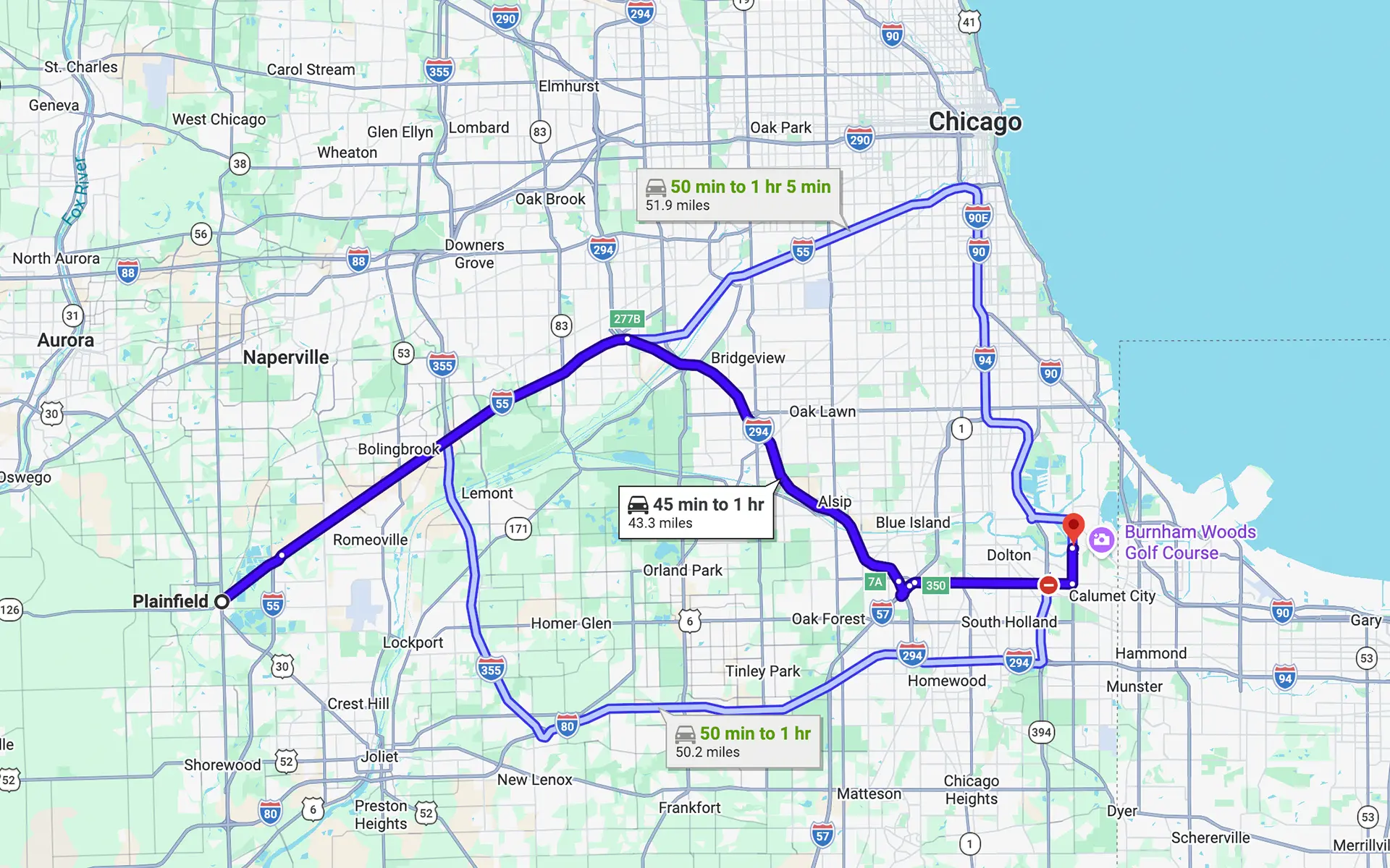 Image of a map showing the route from Plainfield, IL to Fleet Service Center