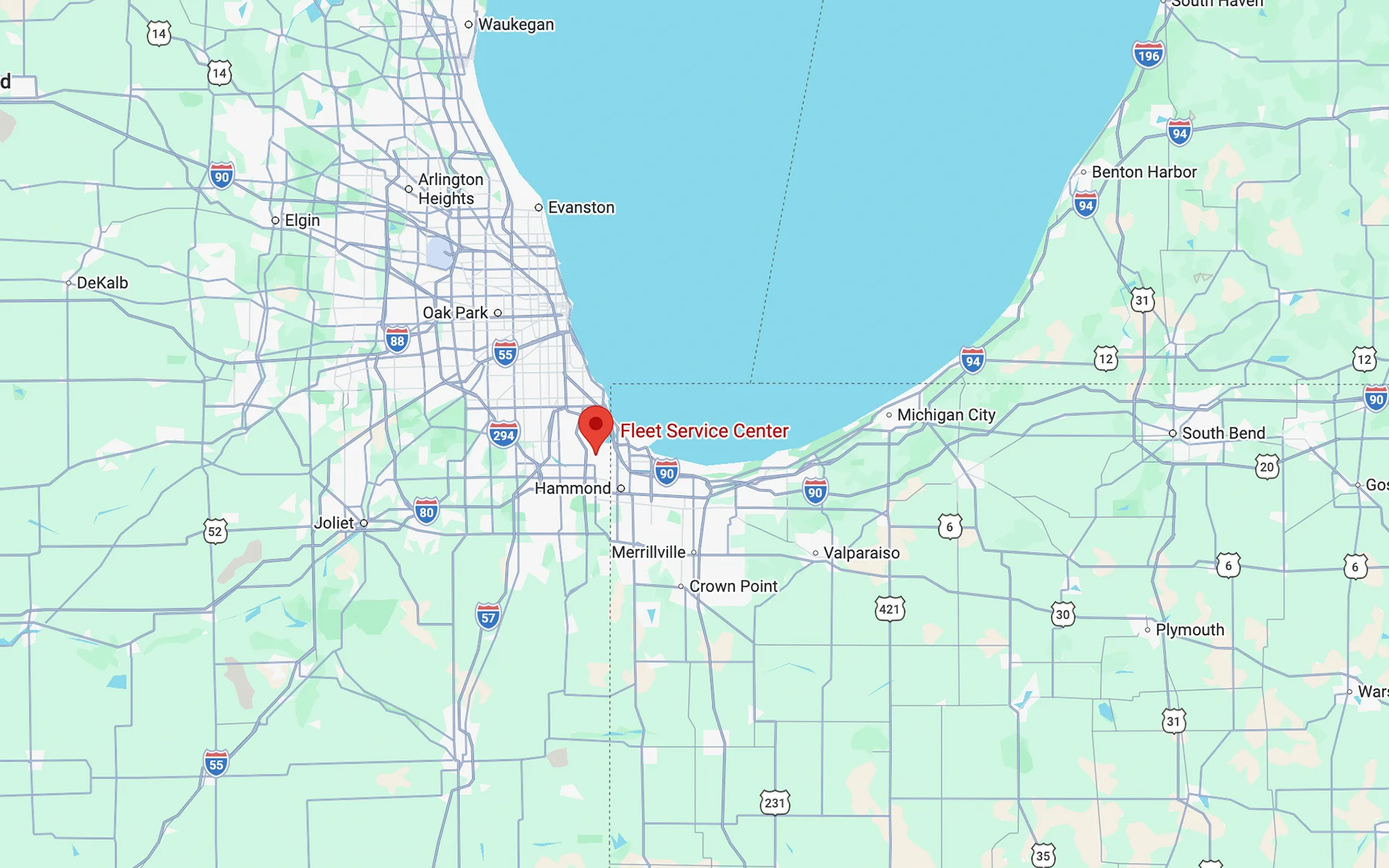 Map showing Fleet Service Center near Burnham,IL, by Lake Michigan with surrounding cities and highways.