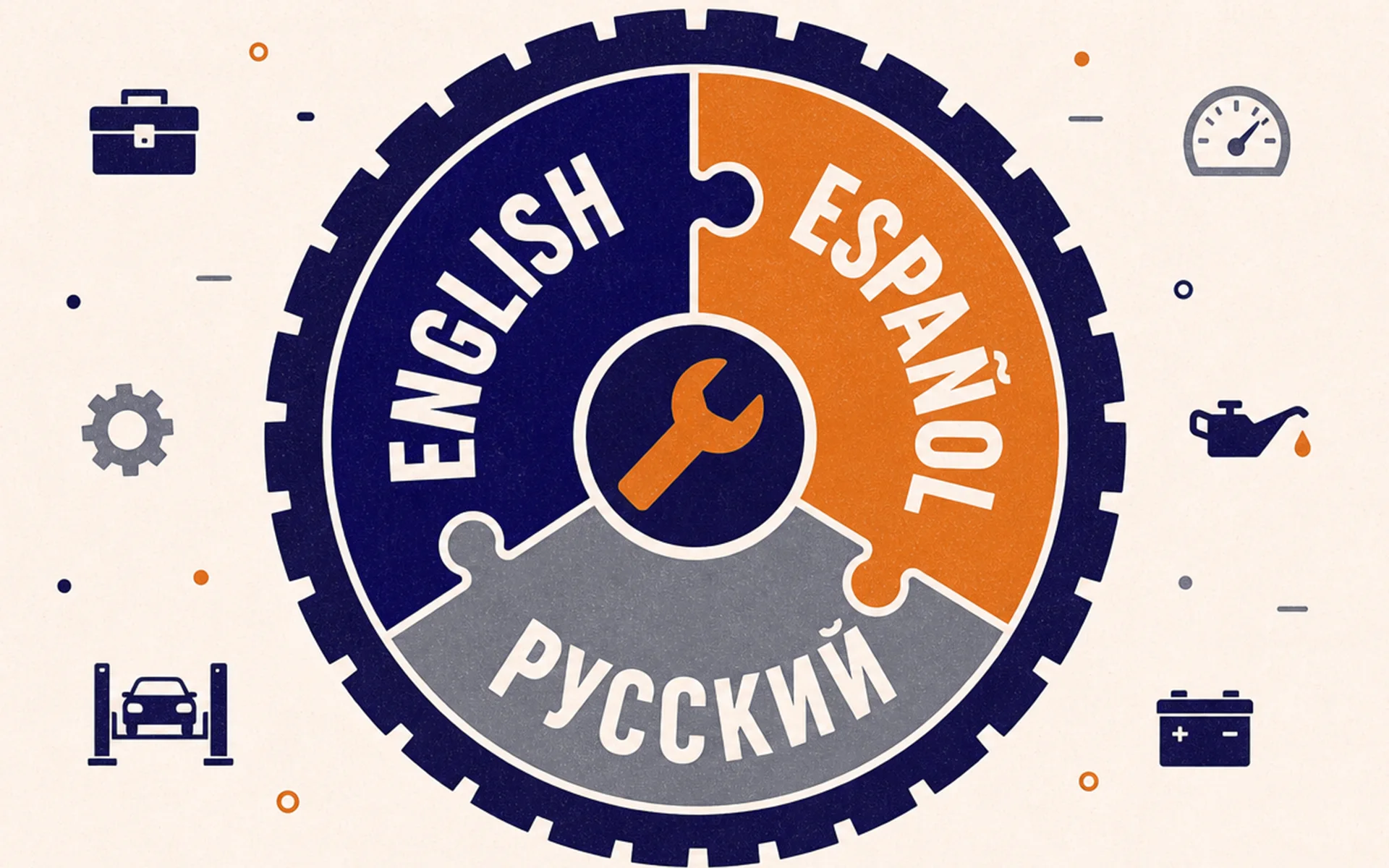 Gear-shaped puzzle with segments labeled English, Español, and Russian around a wrench icon.