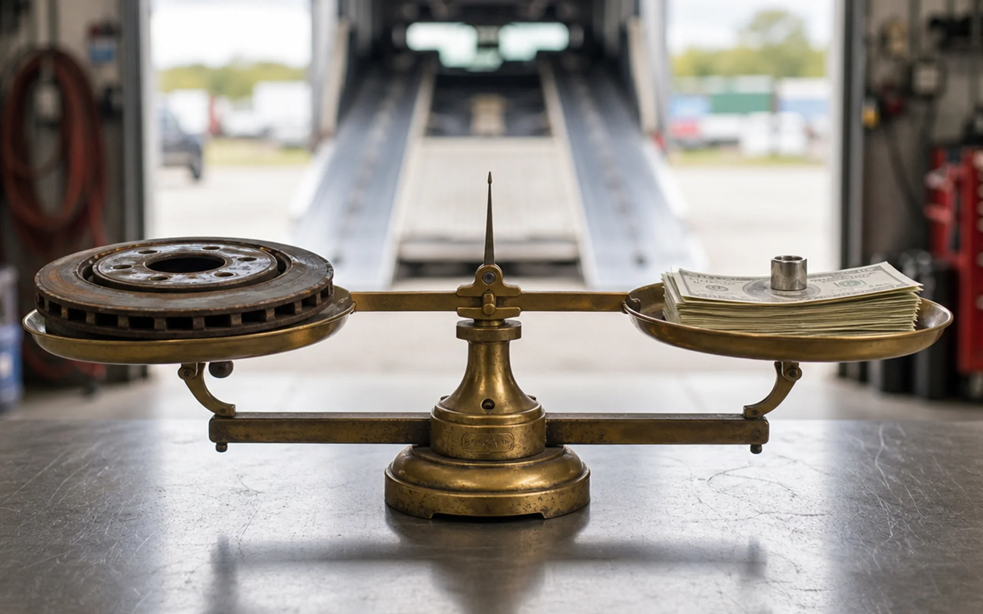 Vintage balance scale comparing a stack of dollar bills to a heavy rusty brake rotor.