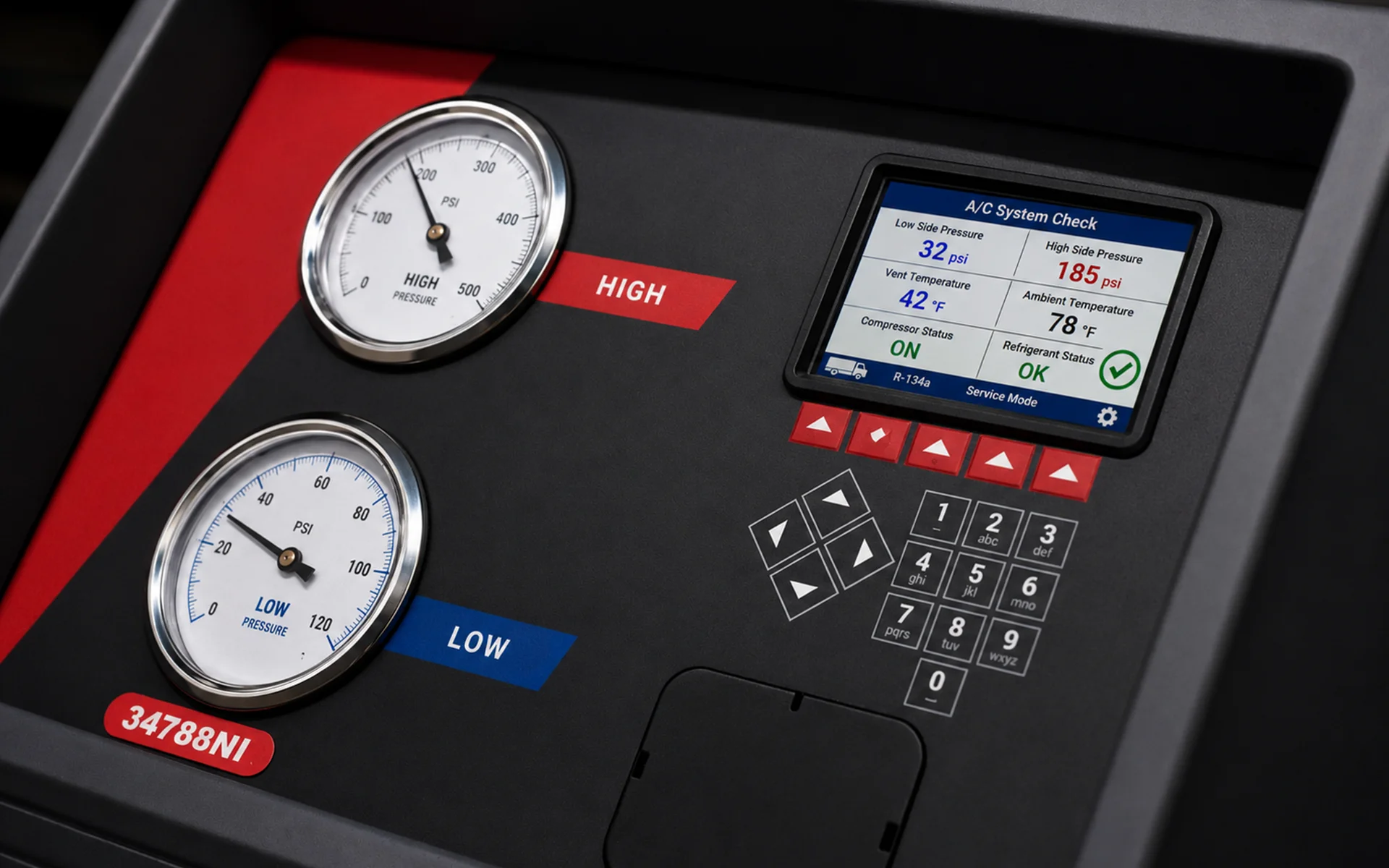 A/C service panel with pressure gauges and screen showing system check details and controls.