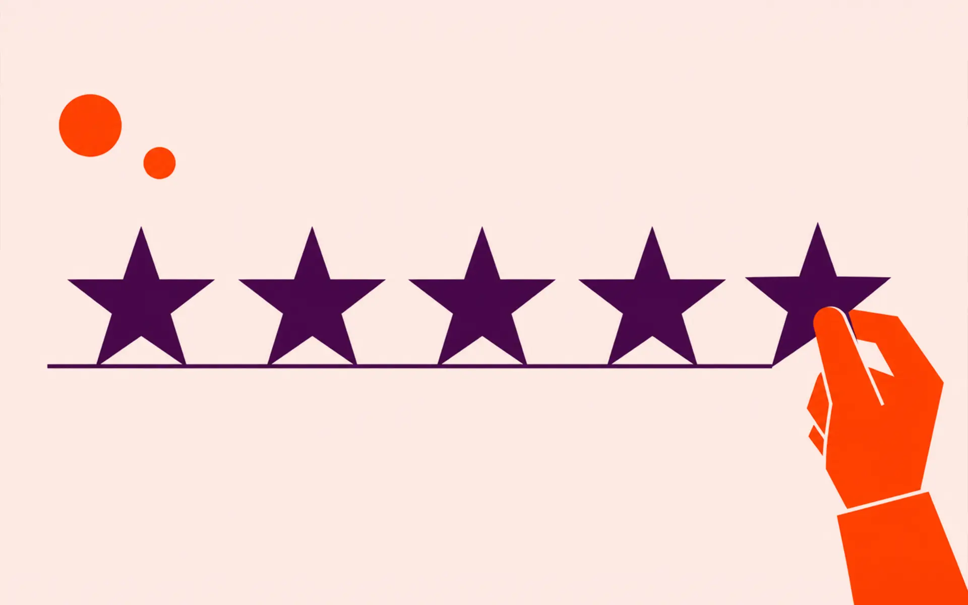 Hand placing the fifth star on a five-star rating scale in dark purple on white background.