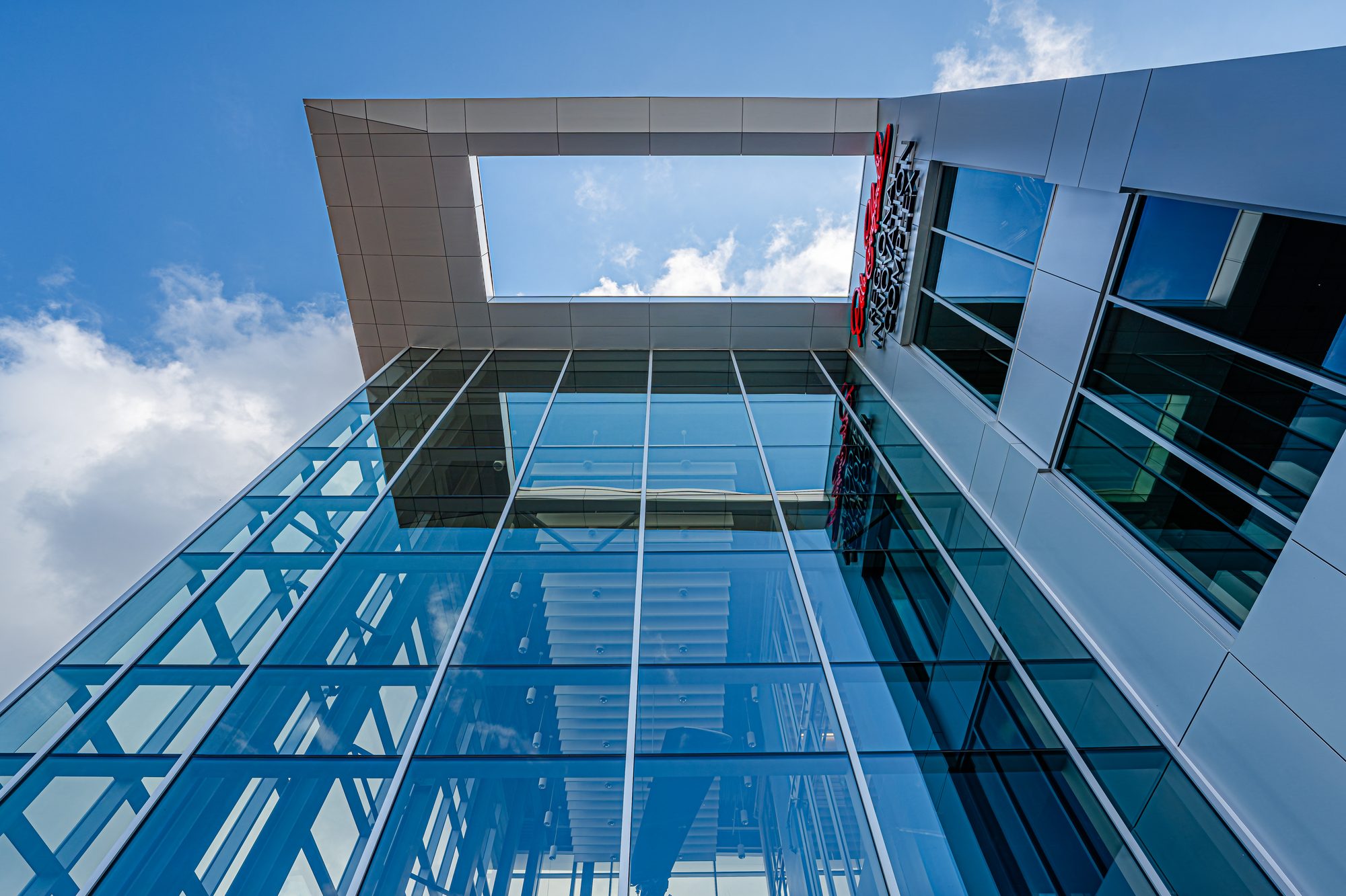 Looking up at the Hickory Aviation Museum curtainwall