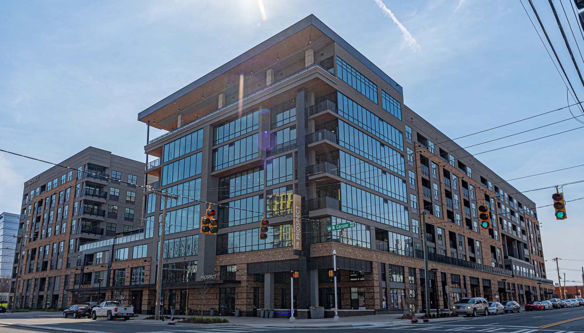 The Prospect street corner with ribbon windows and ground-floor storefront