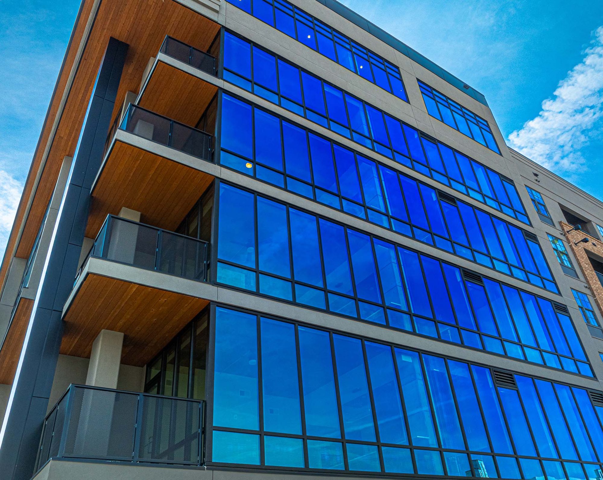 Dark bronze anodized ribbon windows and balcony at The Prospect
