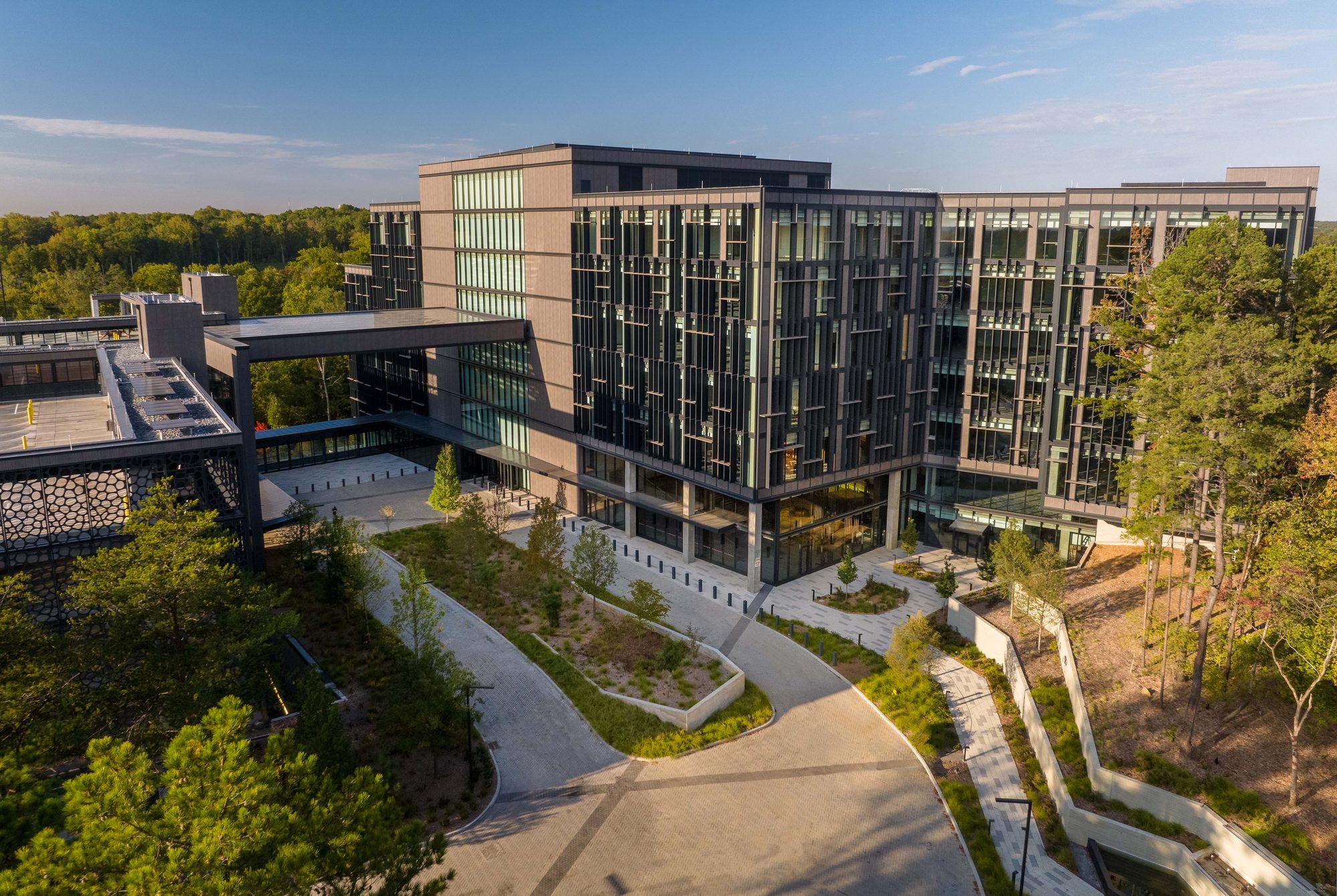 Aerial view of the Centene headquarters campus at dusk