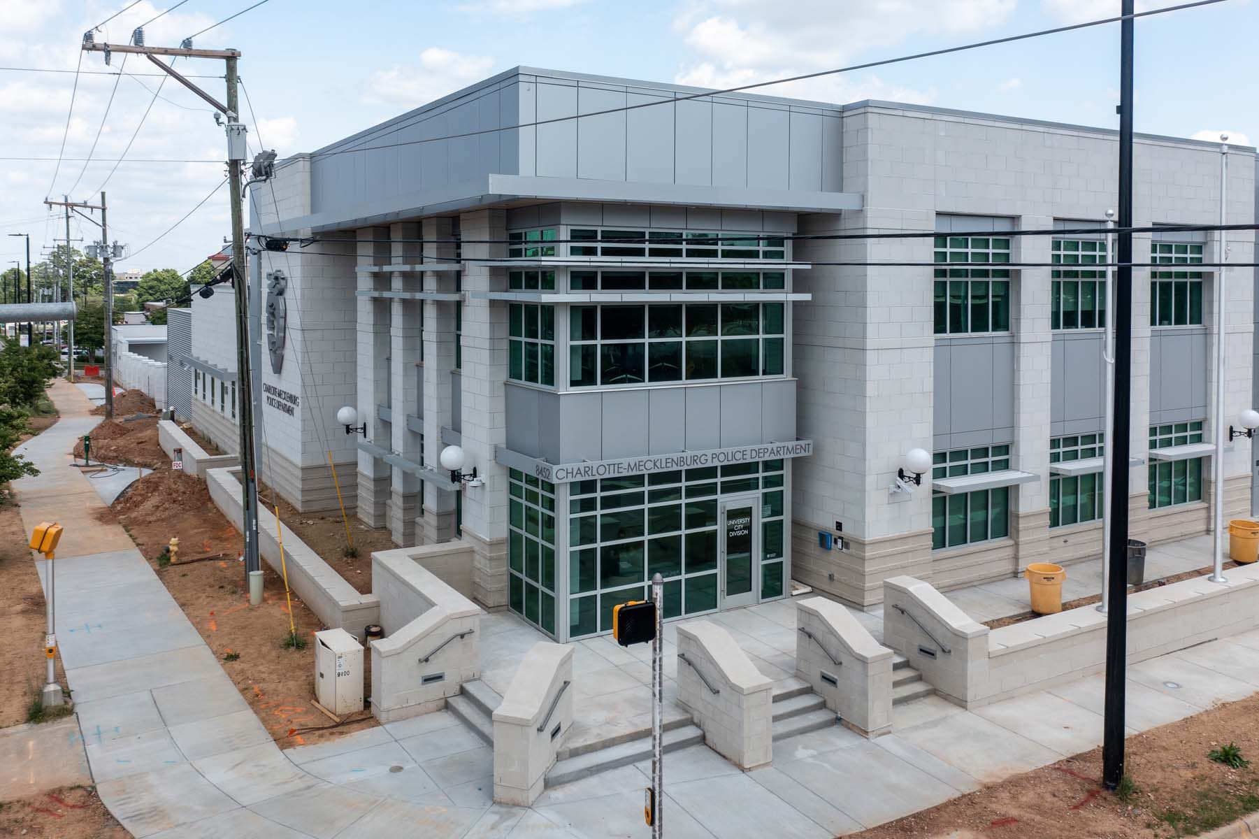 Corner aerial view of the CMPD University City Division station