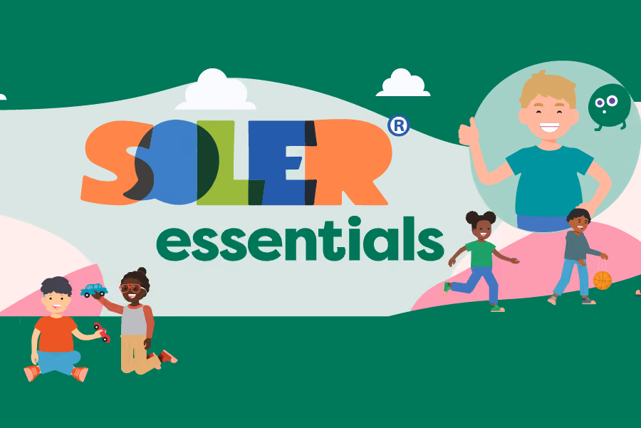 Illustration of diverse kids playing near colorful 'Soler essentials' text on a green background.