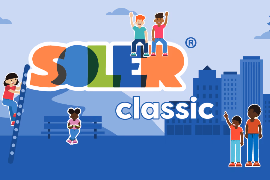 Illustration of diverse kids playing near colorful 'Soler essentials' text on a green background.