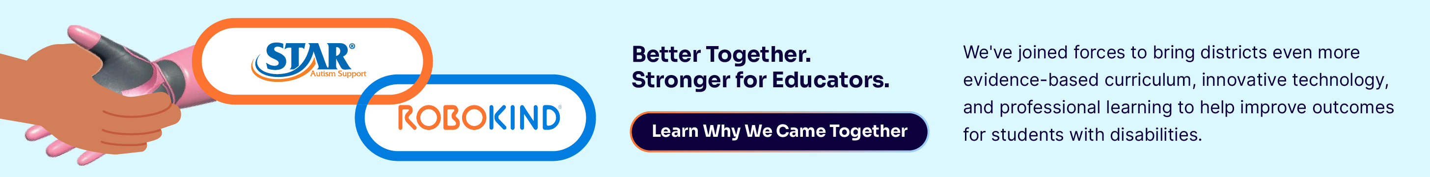 Illustration of a handshake with text about STAR Autism and RoboKind joining to support educators.